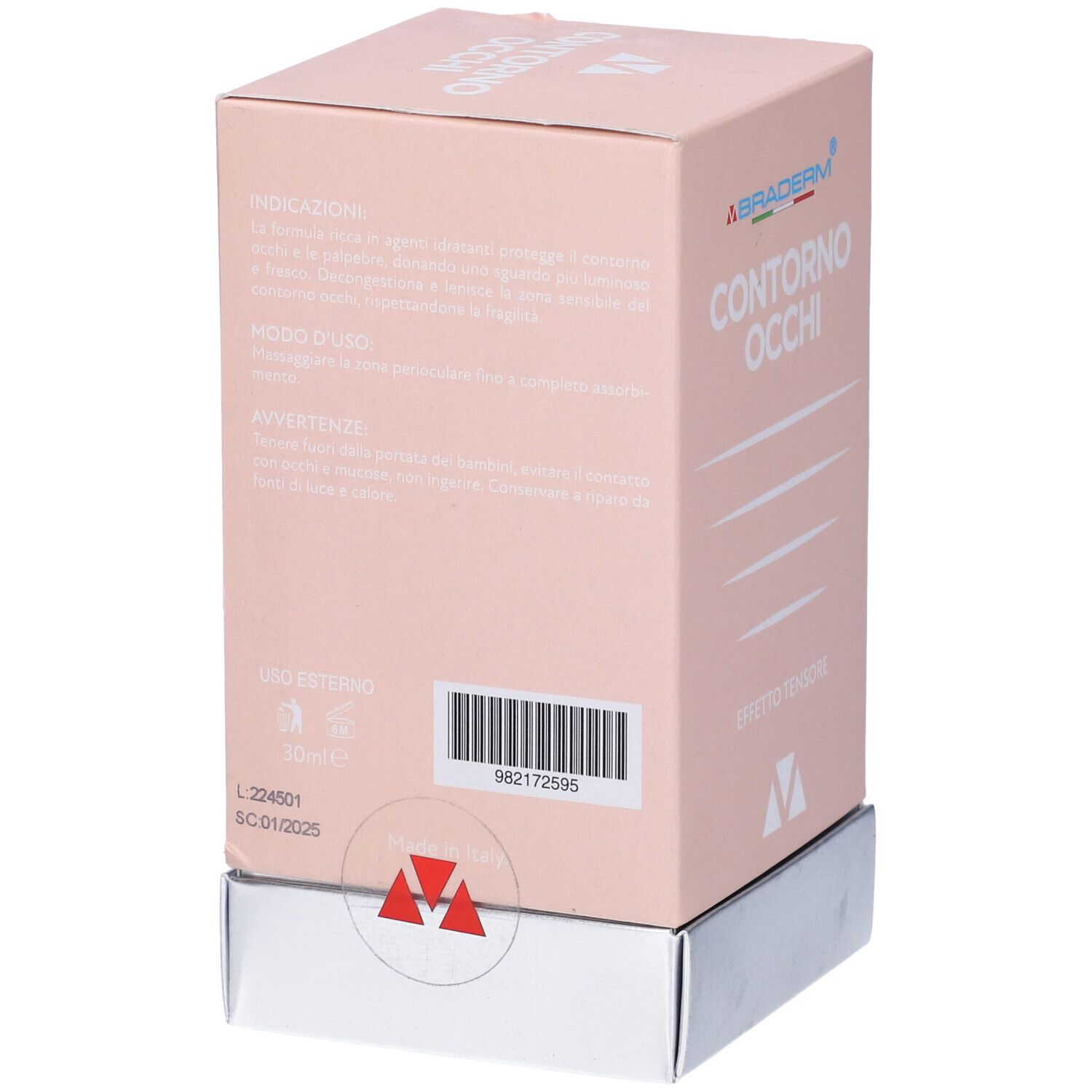 Retro della confezione rosa. Testo con istruzioni e codice a barre. Logo "Braderm" in basso.