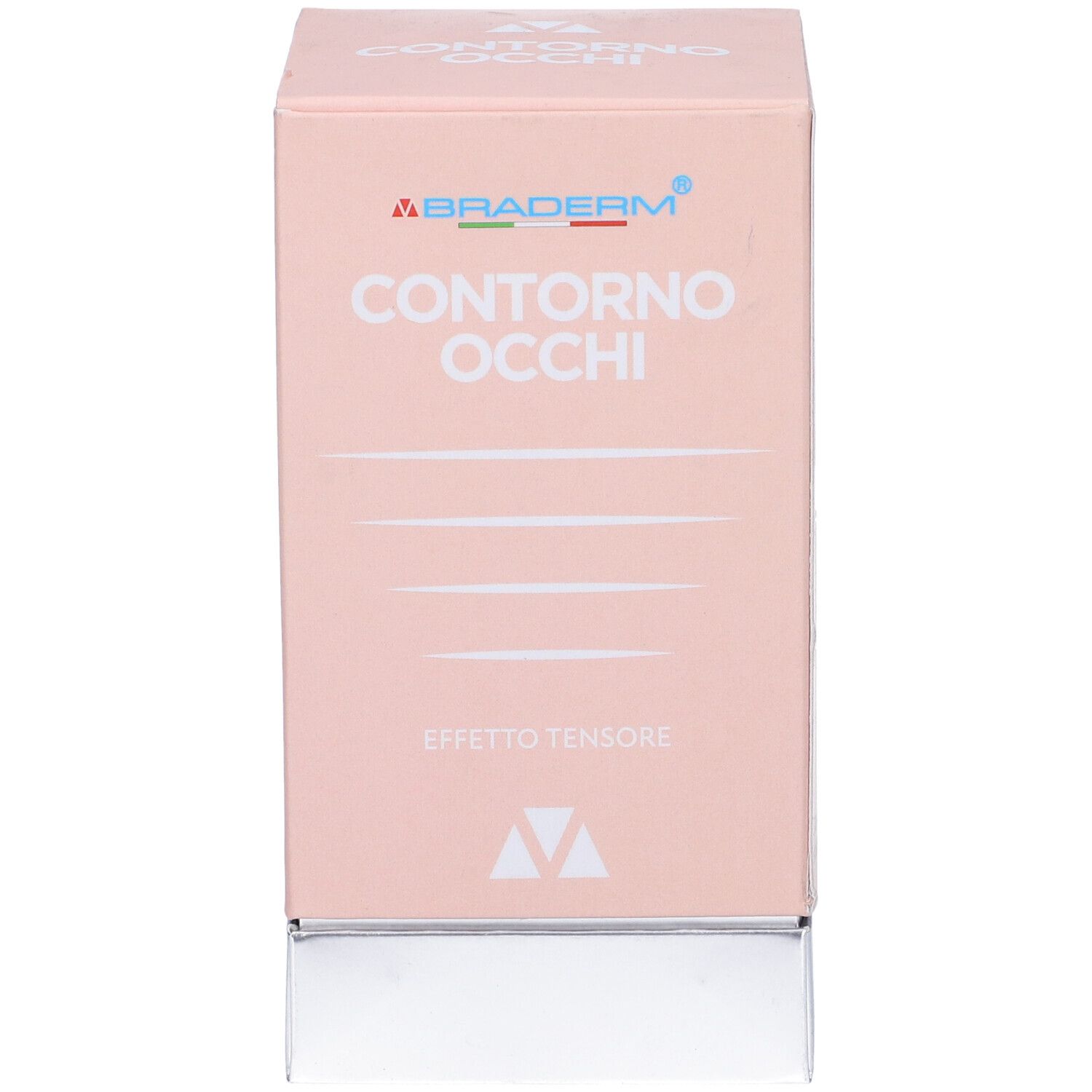 Confezione rosa con "Contorno Occhi" e logo "Braderm". Scritto: "Effetto Tensore".
