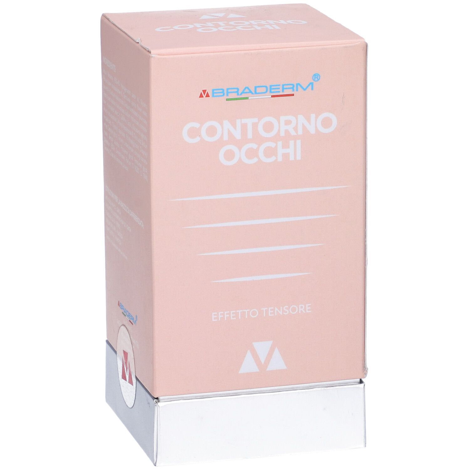 Confezione rosa con "Contorno Occhi" e logo "Braderm". Scritto: "Effetto Tensore".
