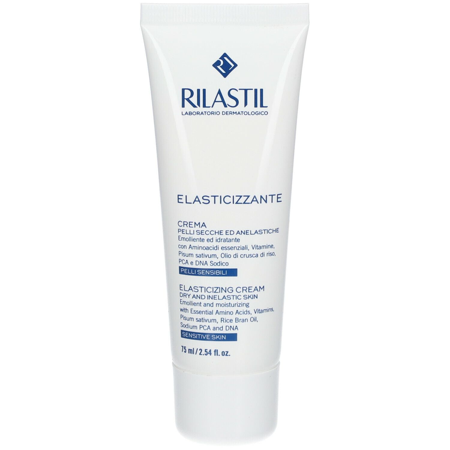 Tubo bianco Rilastil. Testo: Elasticizzante Crema. Per pelli secche e anelastiche. Contiene aminoacidi essenziali.