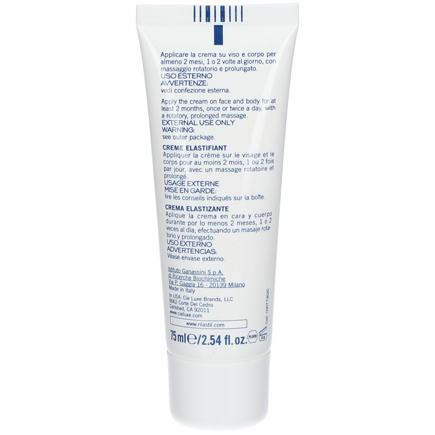 Retro del tubo bianco. Istruzioni in italiano, inglese, francese e spagnolo. 75ml/2.54 fl. oz.