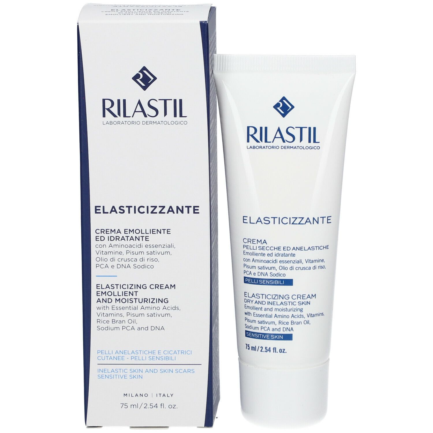 Confezione con tubo. Rilastil Elasticizzante Crema. Testo: Emolliente e idratante. Per pelli secche e anelastiche.