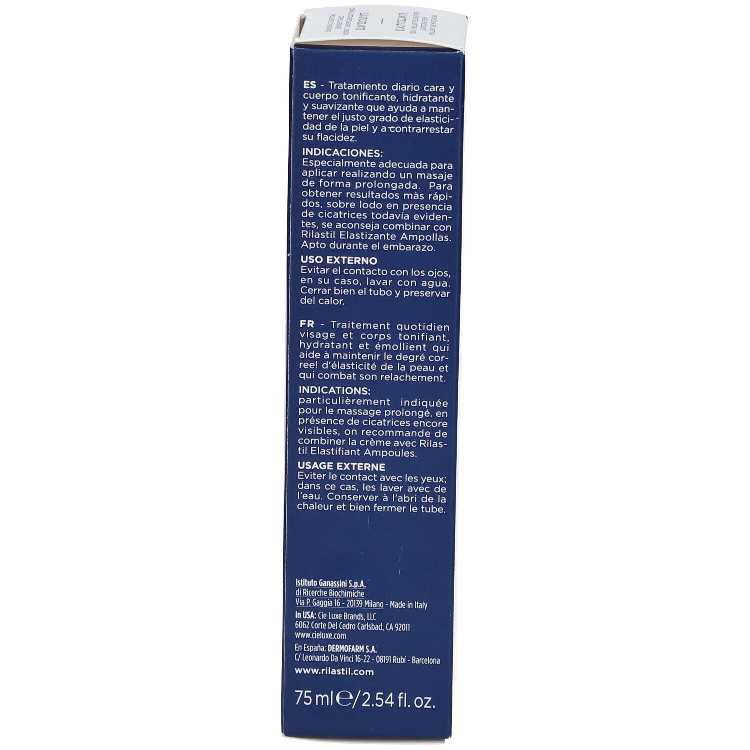 Confezione del prodotto. Trattamento viso e corpo. Istruzioni in spagnolo e francese. 75ml/2.54 fl. oz.