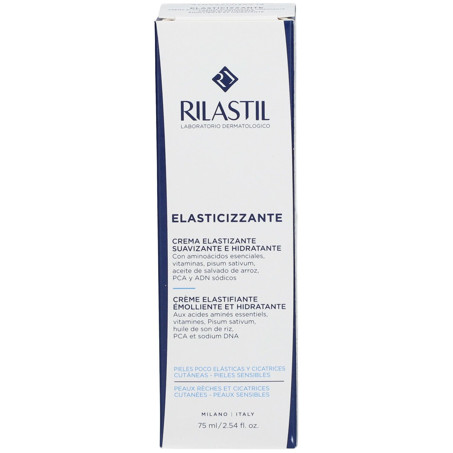 Confezione del prodotto. Rilastil Elasticizzante Crema. Testo: Crema emolliente e idratante. Per pelli secche e anelastiche.
