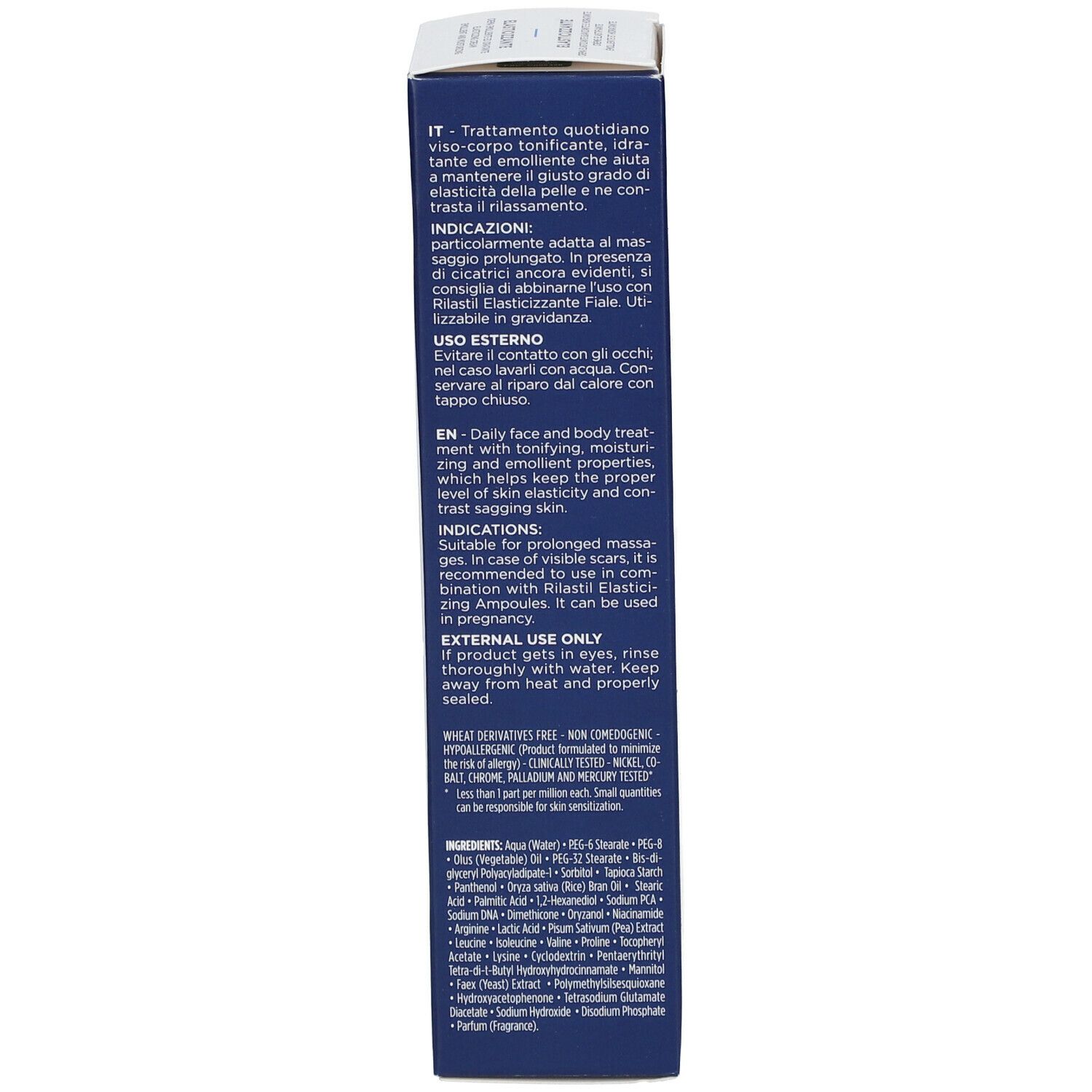 Confezione del prodotto. Trattamento quotidiano viso-corpo. Istruzioni in inglese e italiano. 75ml/2.54 fl. oz.