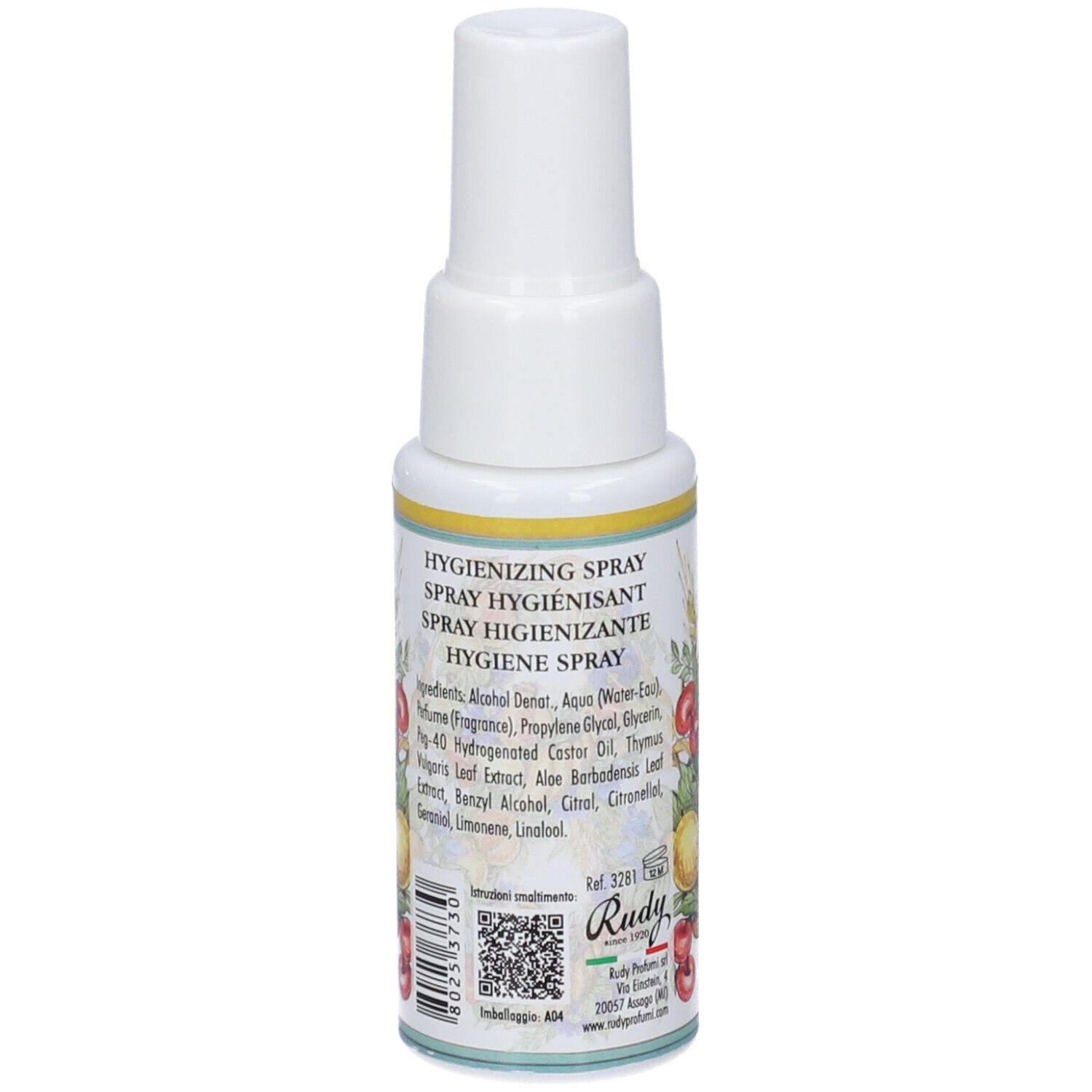 Retro di un flacone spray con elenco ingredienti e codice QR, scritta in italiano.