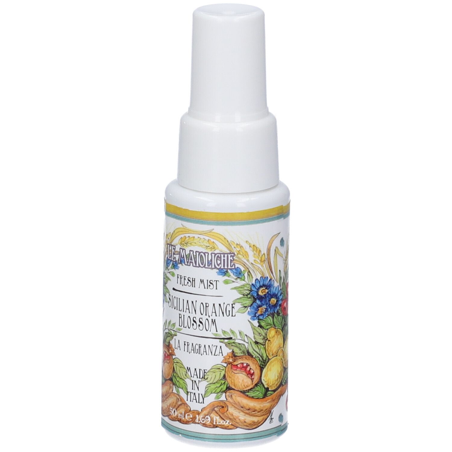 Piccolo flacone spray con tappo bianco, etichetta con motivo floreale d'arancio e scritta in italiano.