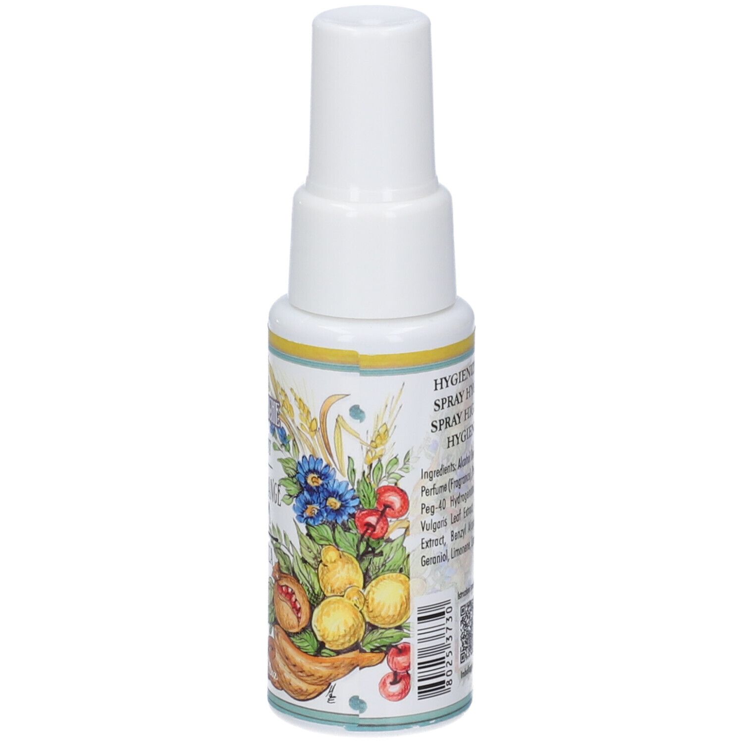Retro di un flacone spray con disegno floreale, spighe di grano e scritta in italiano.