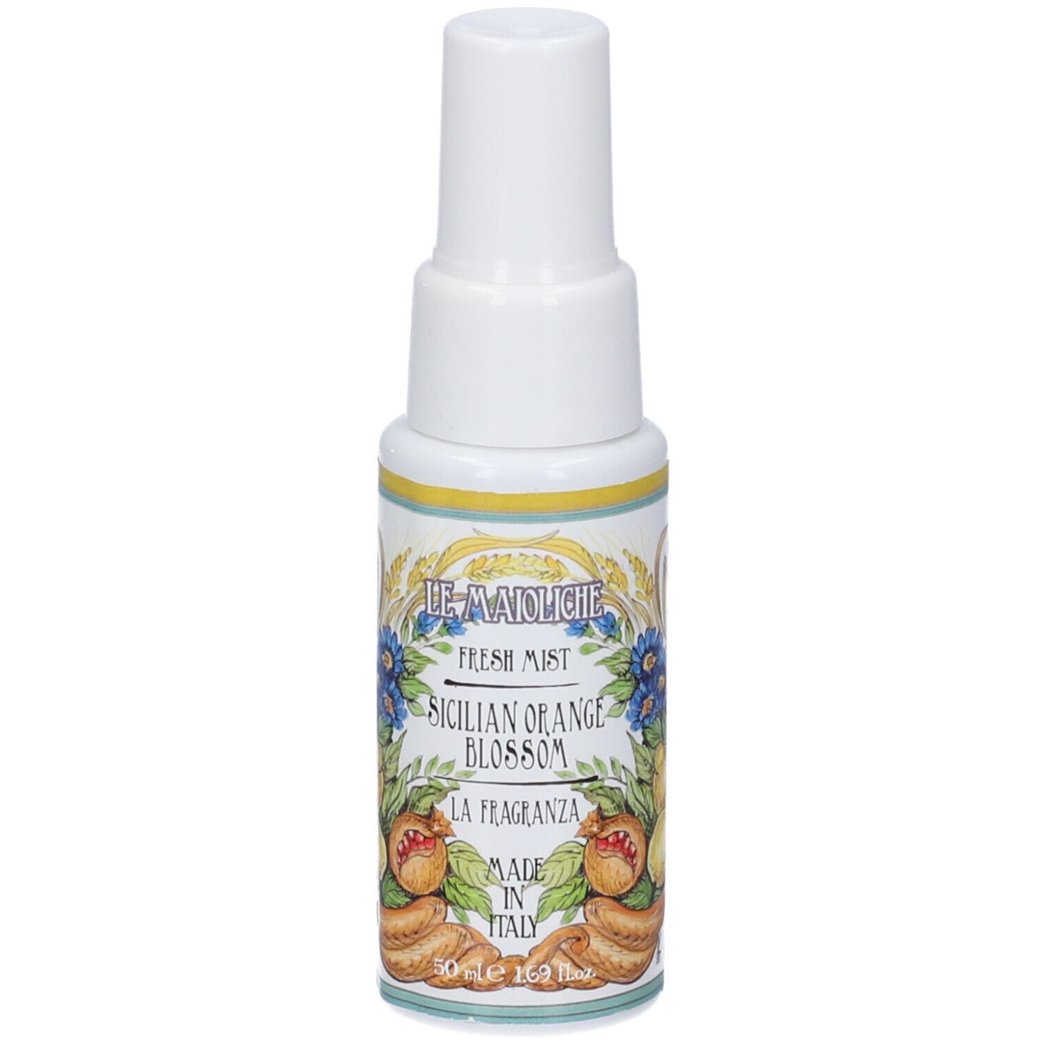 Piccolo flacone spray con tappo bianco, etichetta con motivo floreale d'arancio e scritta in italiano.