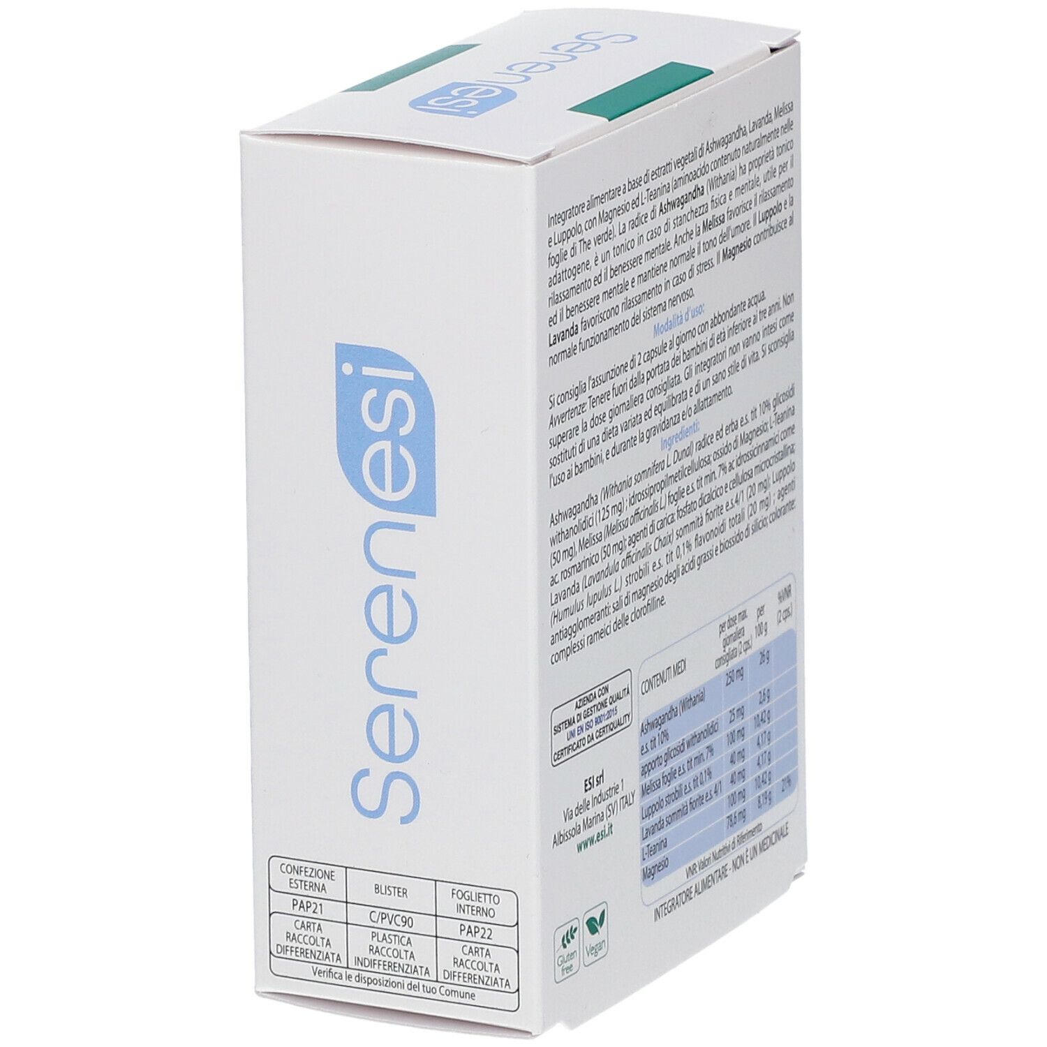 Retro della scatola ESI Serenesi. Testo con ingredienti e informazioni nutrizionali. Loghi: ESI, Vegan.