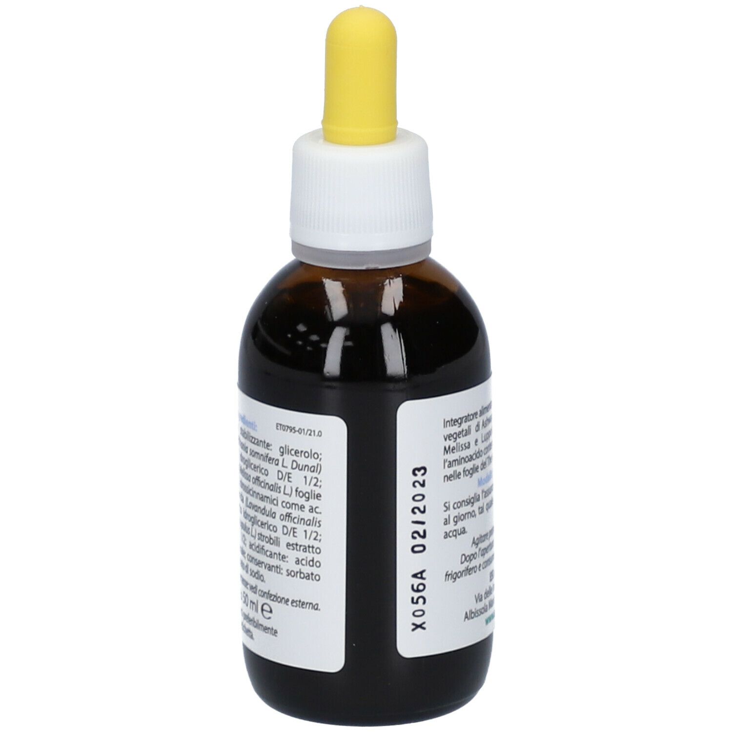Flacone di vetro marrone con pipetta gialla. ESI Serenesi Gocce. Scritta: Integratore Alimentare. Testo sul retro.