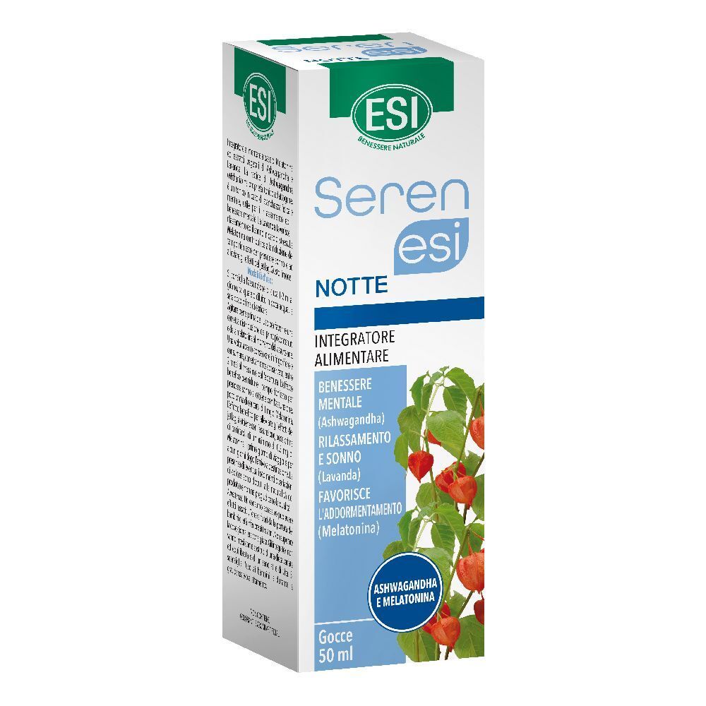 ESI Serenesi Notte. Confezione in cartone con flacone. Scritta: Serenesi Notte, 50 ml. Illustrazione di piante.