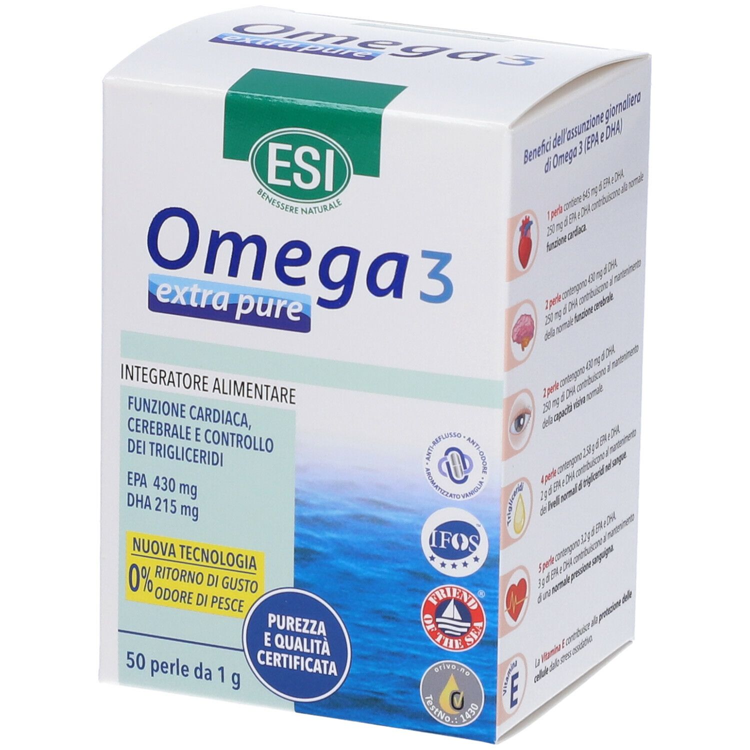 ESI Omega 3 extra rein. Weiße Schachtel mit blauer und grüner Schrift. Enthält 50 Perlen. IFOS- und Friend of the Sea-Zertifizierungen.