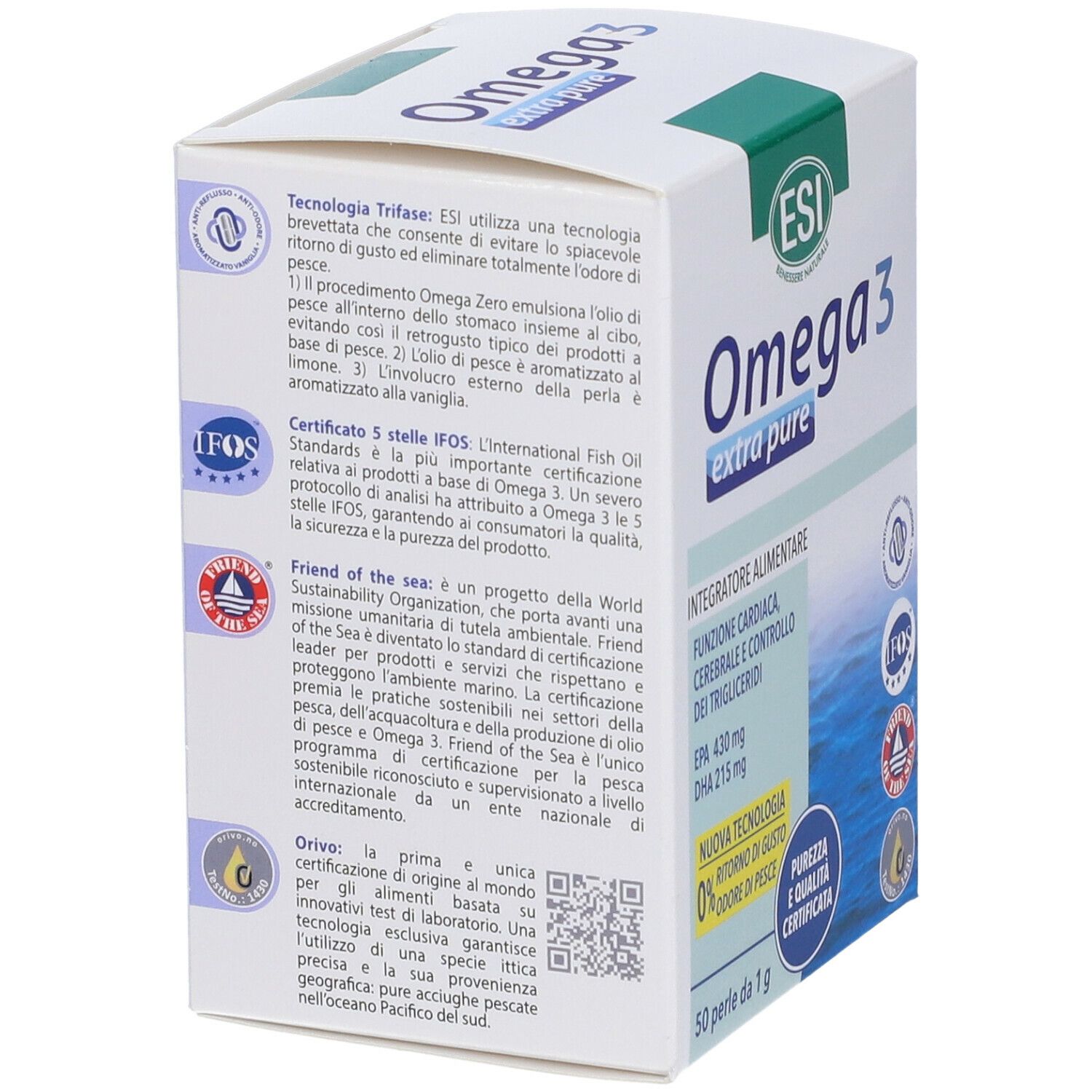ESI Omega 3 extra rein. Weiße Schachtel mit grüner Schrift. Text über die Technologie und Zertifizierungen. IFOS- und Friend of the Sea-Zertifizierungen.
