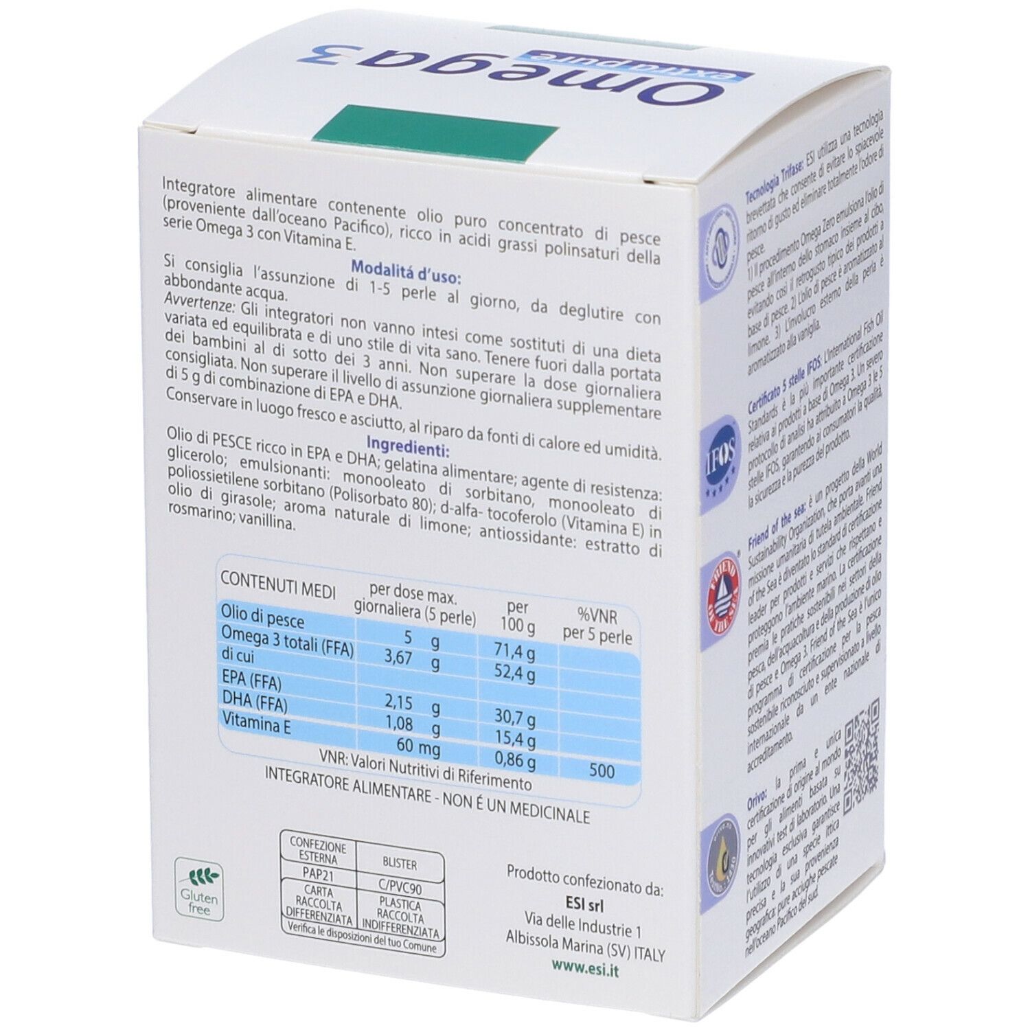 ESI Omega 3 extra rein. Rückseite der Schachtel mit Inhaltsangaben. Enthält Fischöl, EPA, DHA und Vitamin E. Nährwertangaben.