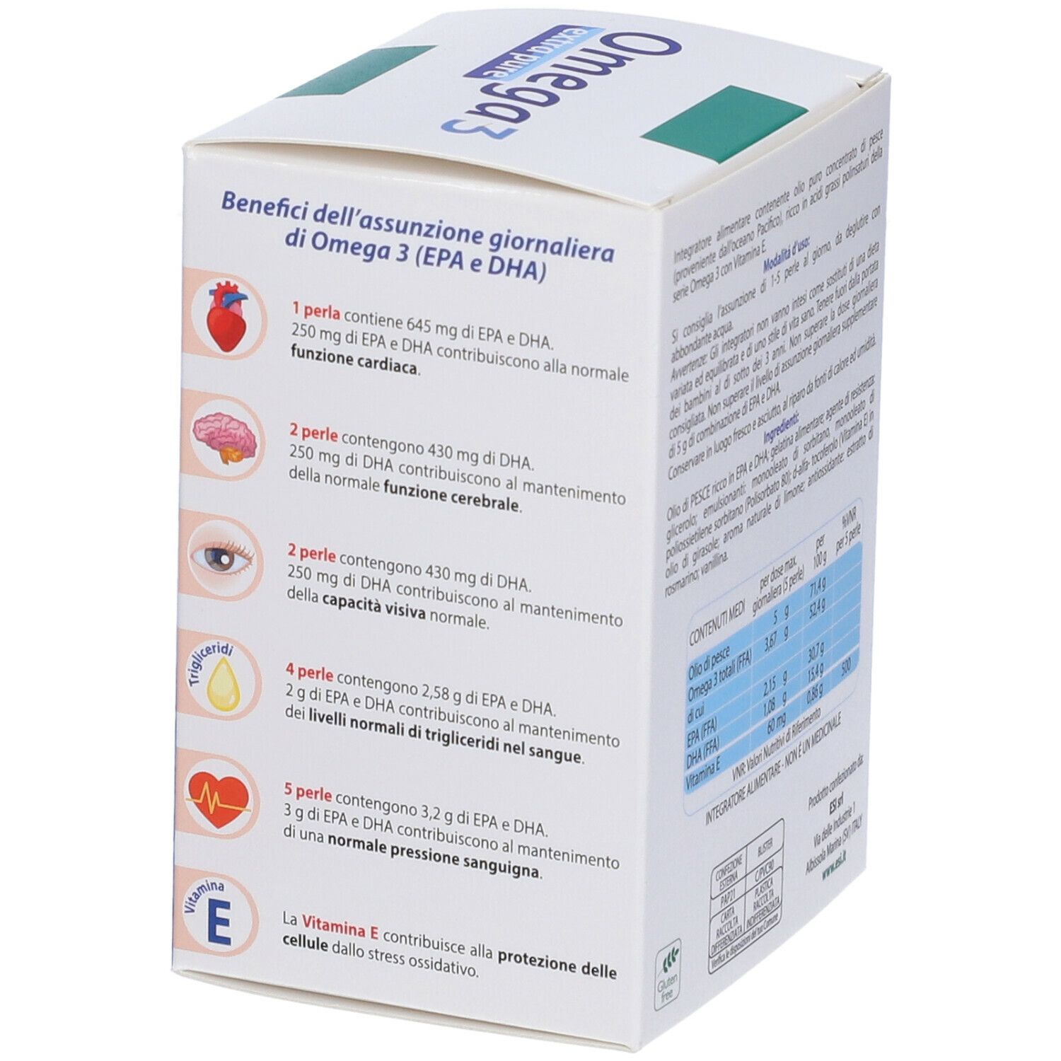 ESI Omega 3 extra rein. Rückseite der Schachtel mit Informationen zur täglichen Einnahme. Enthält EPA und DHA. Vitamin E.