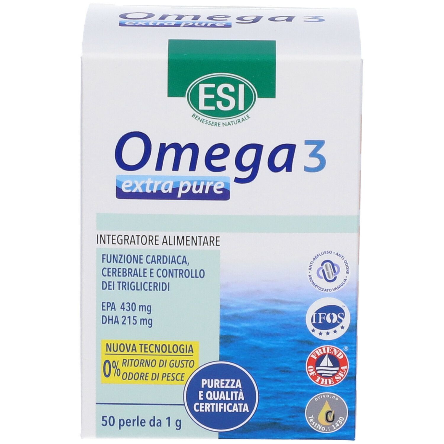 ESI Omega 3 extra rein. Weiße Schachtel mit blauer und grüner Schrift. Enthält 50 Perlen. IFOS- und Friend of the Sea-Zertifizierungen.