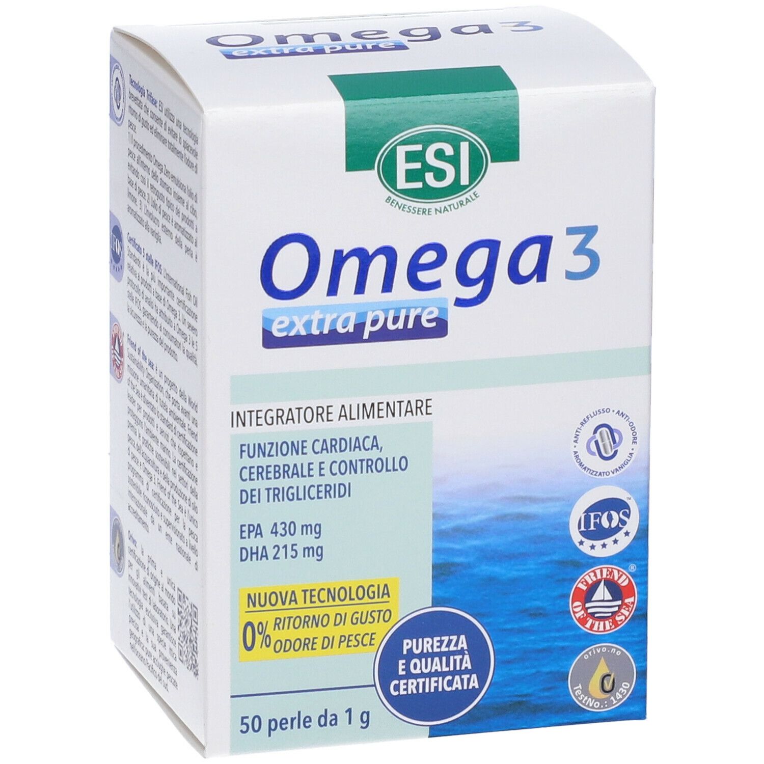 ESI Omega 3 extra rein. Weiße Schachtel mit blauer und grüner Schrift. Enthält 50 Perlen. IFOS- und Friend of the Sea-Zertifizierungen.