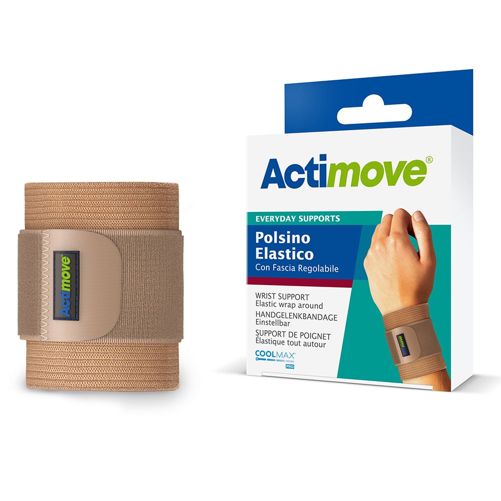Actimove Everyday Supports Polsino Elastico. Beige Handgelenkbandage und Verpackung. Produkt und Verpackung nebeneinander.