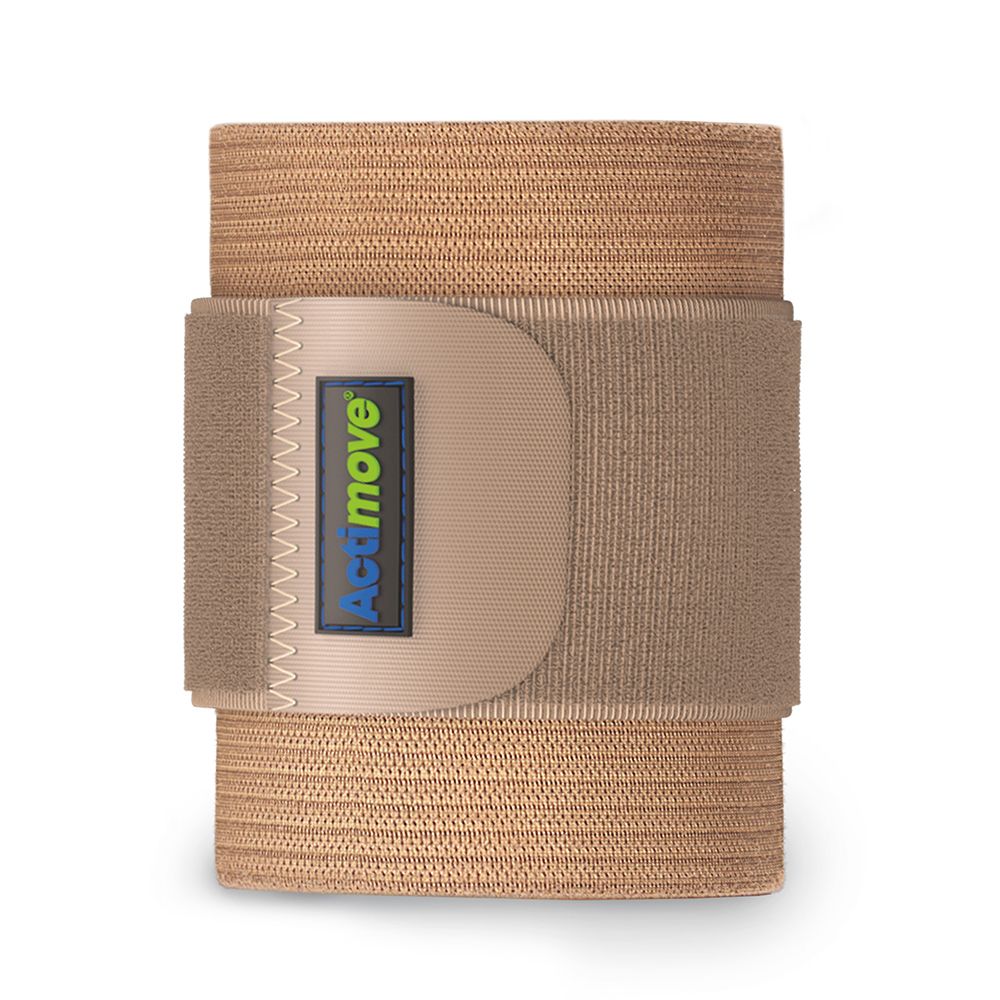 Actimove Everyday Supports Polsino Elastico. Beige Handgelenkbandage mit Klettverschluss. Nahaufnahme des Produkts.