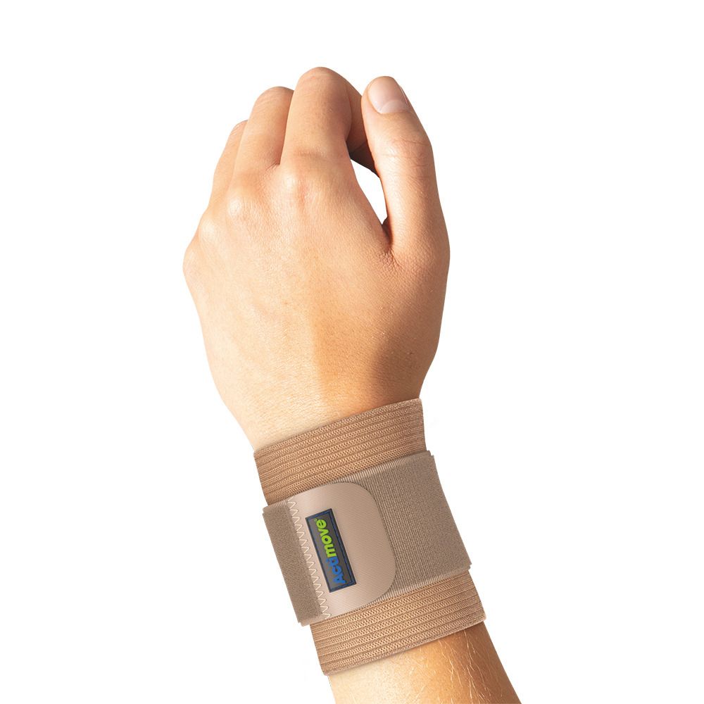 Actimove Everyday Supports Polsino Elastico. Beige Handgelenkbandage am Handgelenk. Ansicht von oben.