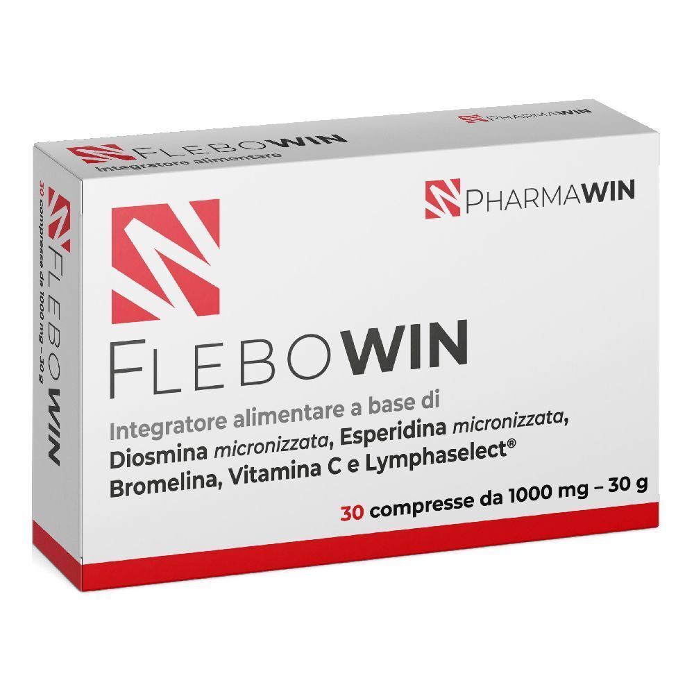 Scatola bianca con scritte rosse. Scritto: FLEBOWIN, logo PharmaWin. Contiene 30 compresse.