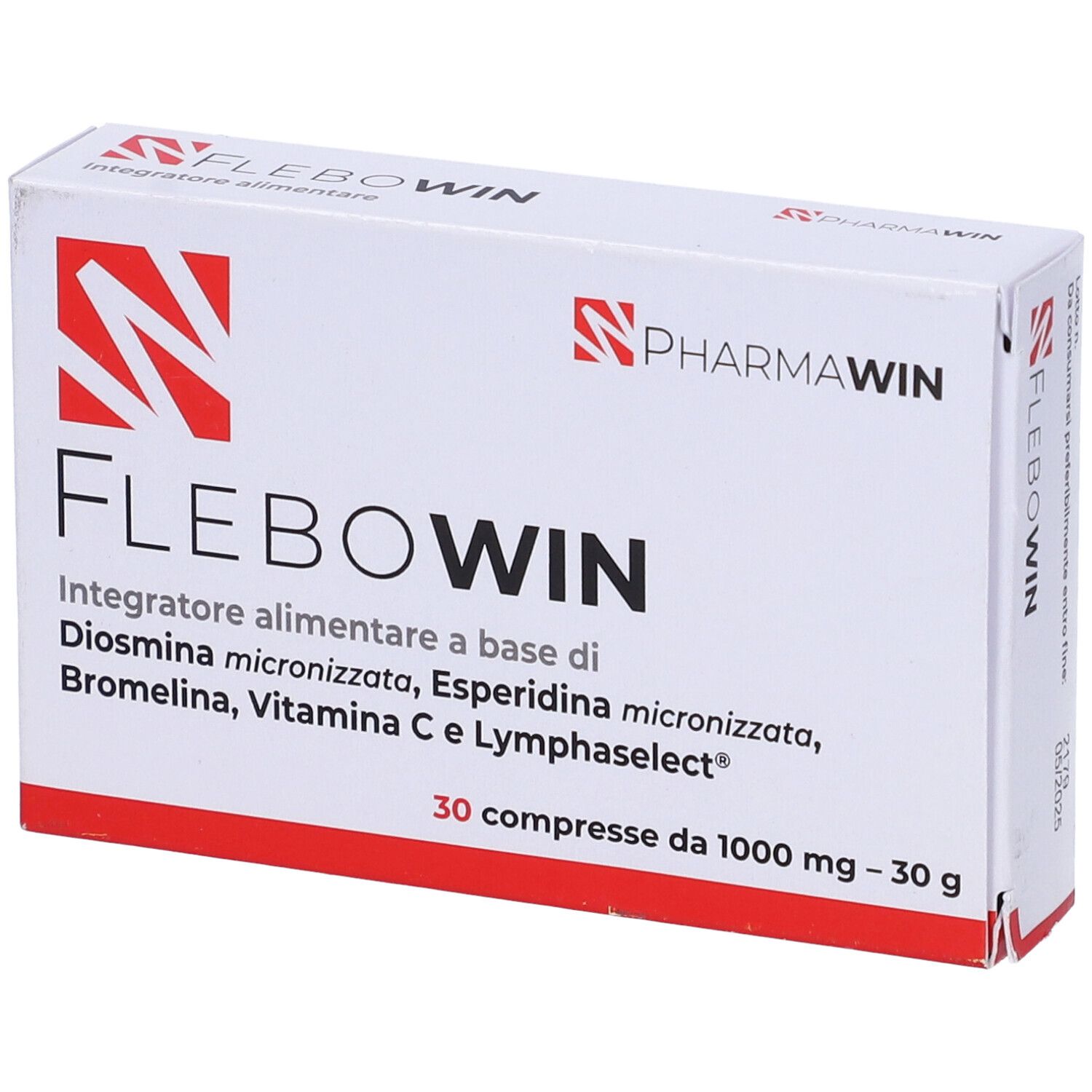 Scatola bianca con scritte rosse. Scritto: FLEBOWIN, logo PharmaWin. Contiene 30 compresse.