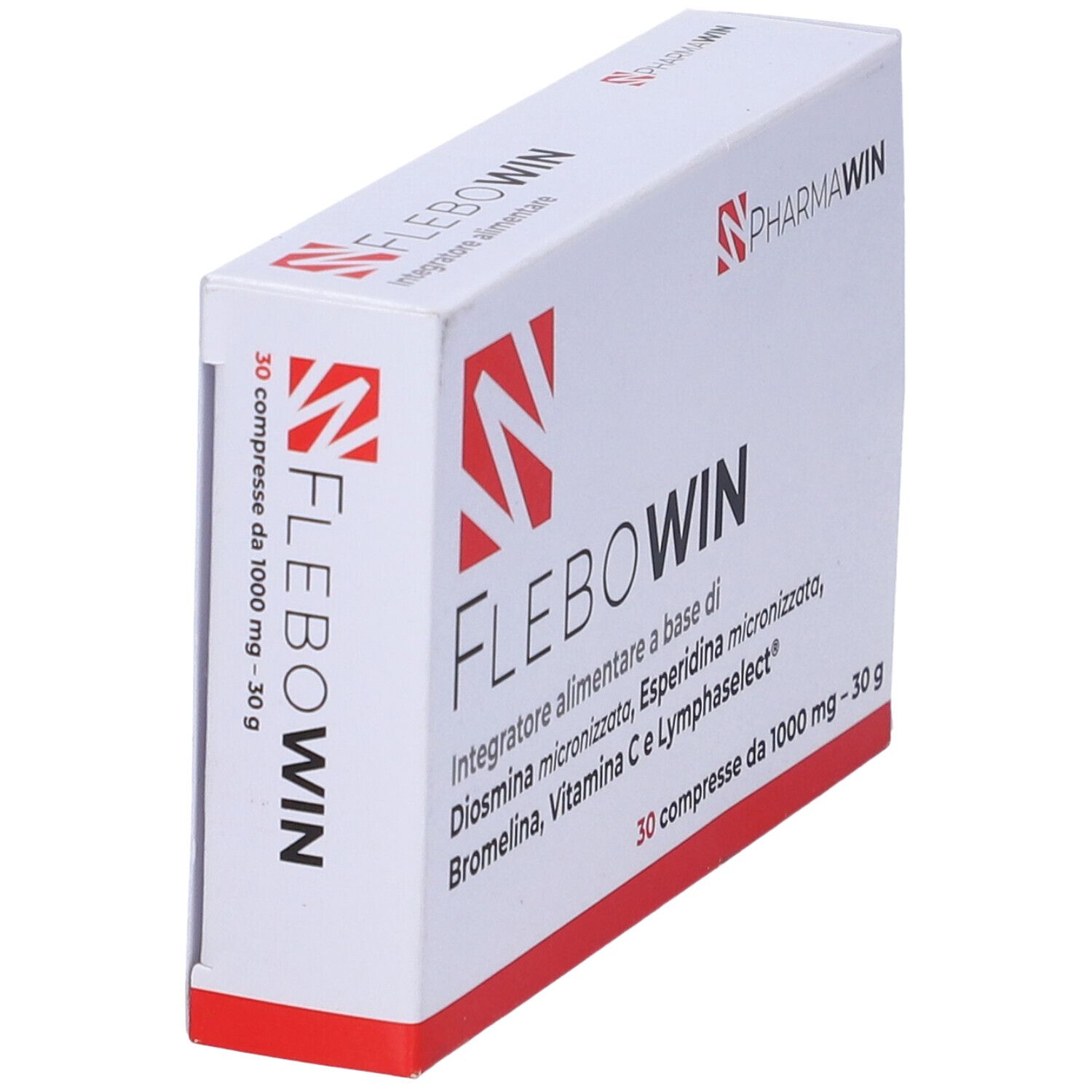 Scatola bianca con scritte rosse. Scritto: FLEBOWIN, logo PharmaWin. Contiene 30 compresse.