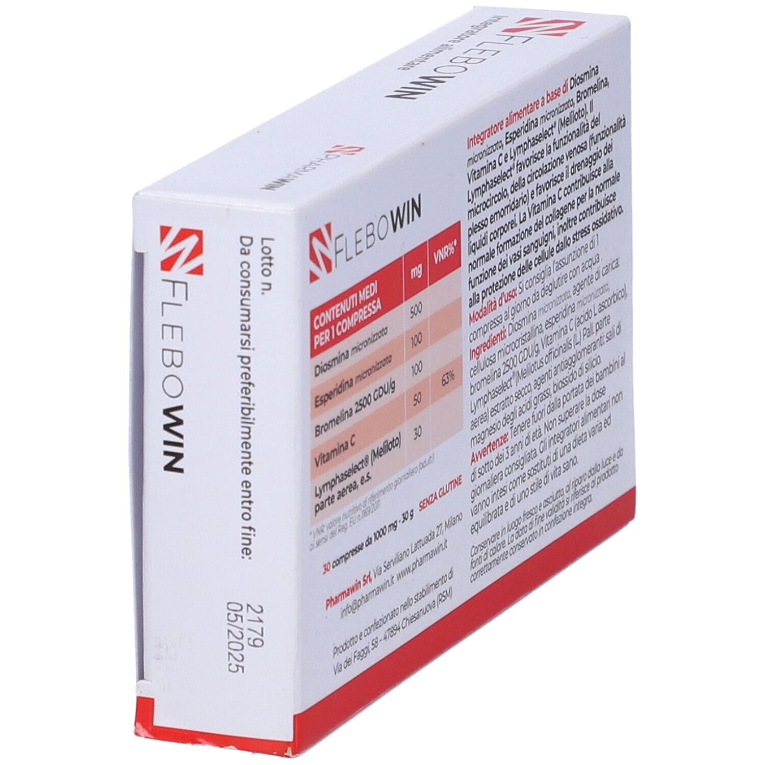 Scatola bianca con scritte rosse. Scritto: FLEBOWIN, logo PharmaWin. Contiene 30 compresse.