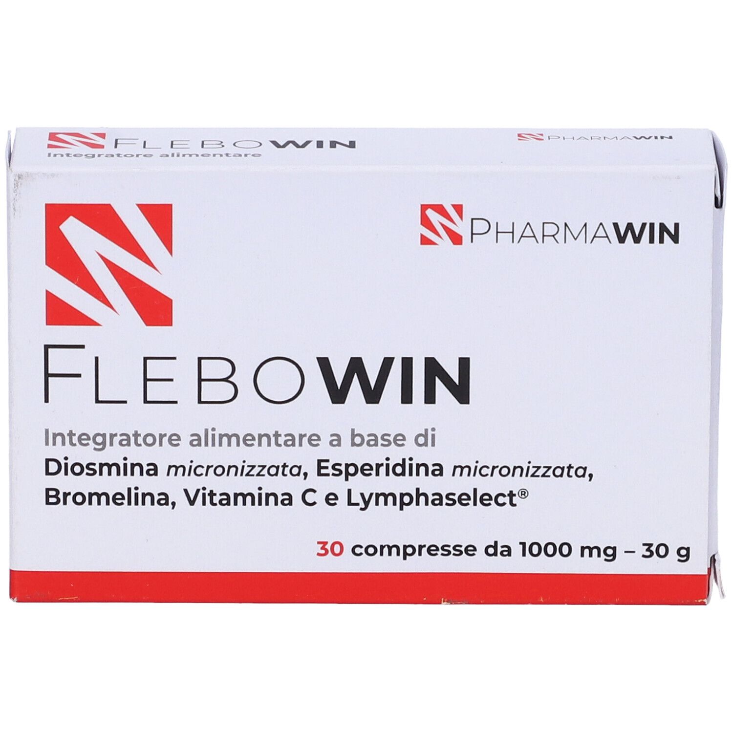 Scatola bianca con scritte rosse. Scritto: FLEBOWIN, logo PharmaWin. Contiene 30 compresse.