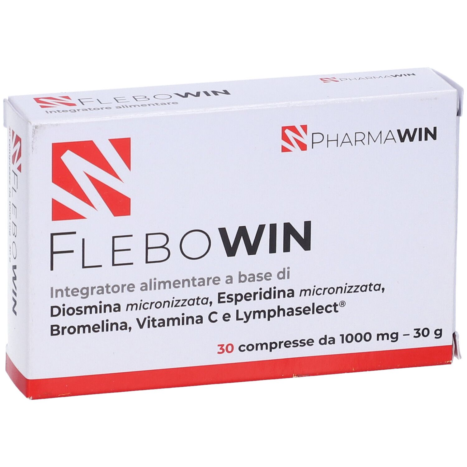 Scatola bianca con scritte rosse. Scritto: FLEBOWIN, logo PharmaWin. Contiene 30 compresse.