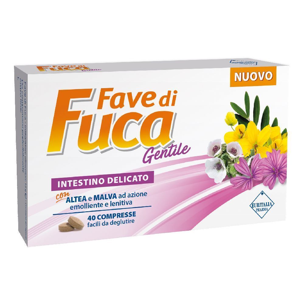 Scatola Fave di Fuca Gentile, Intestino delicato, 40 compresse. Illustrazioni floreali e scritta « Nuovo ».