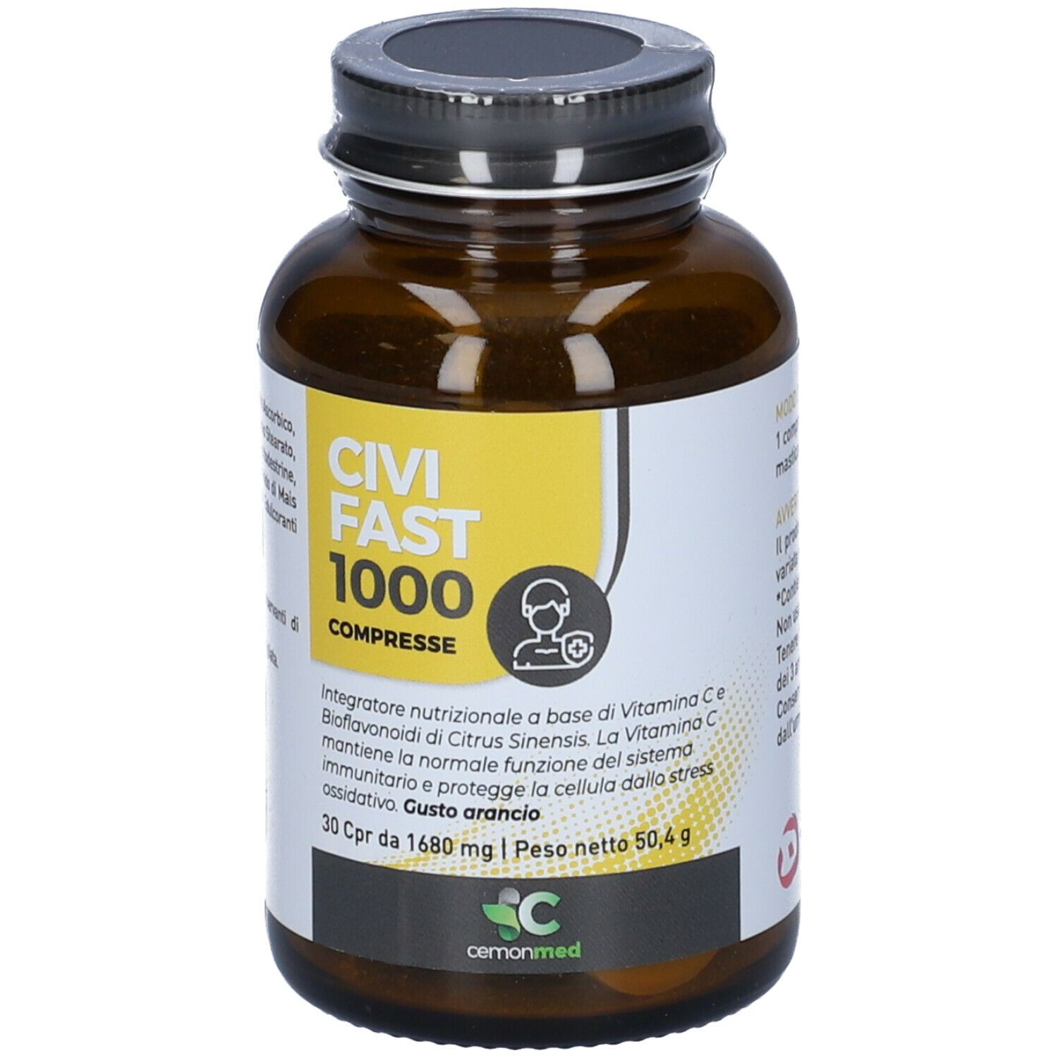 Flacone di vetro marrone con tappo nero. Etichetta gialla con testo: "CIVI FAST 1000 COMPRESSE".