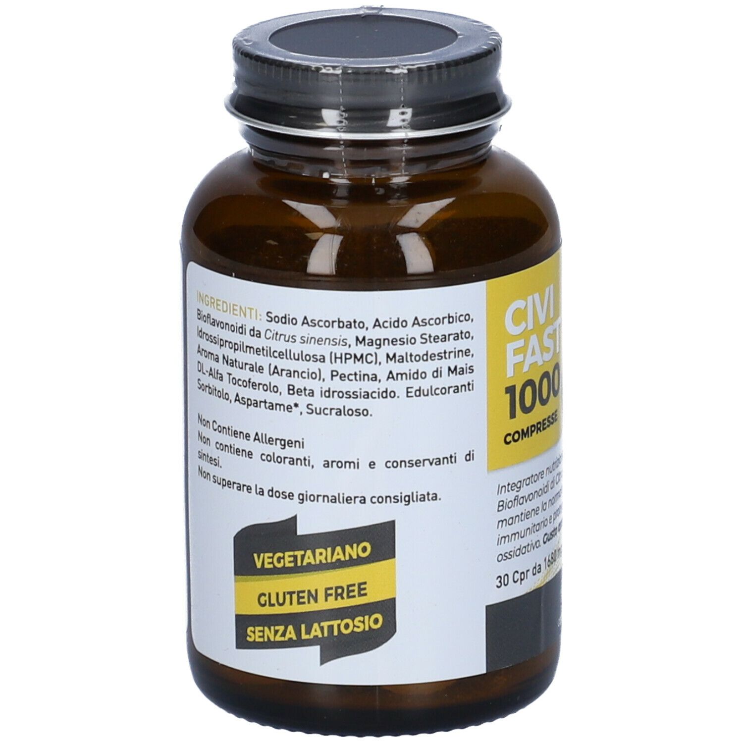 Flacone di vetro marrone con tappo nero. Etichetta con ingredienti e testo: "CIVI FAST 1000 COMPRESSE".