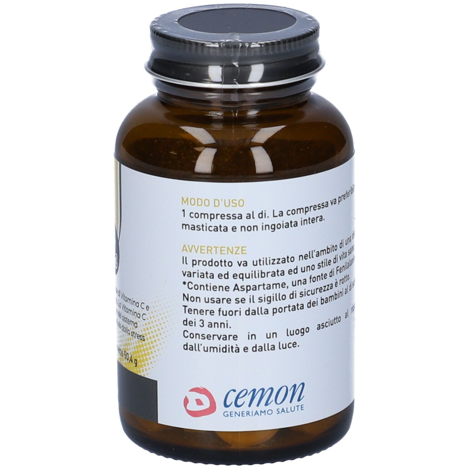 Flacone di vetro marrone con tappo nero. Etichetta con testo e logo: "cemon".