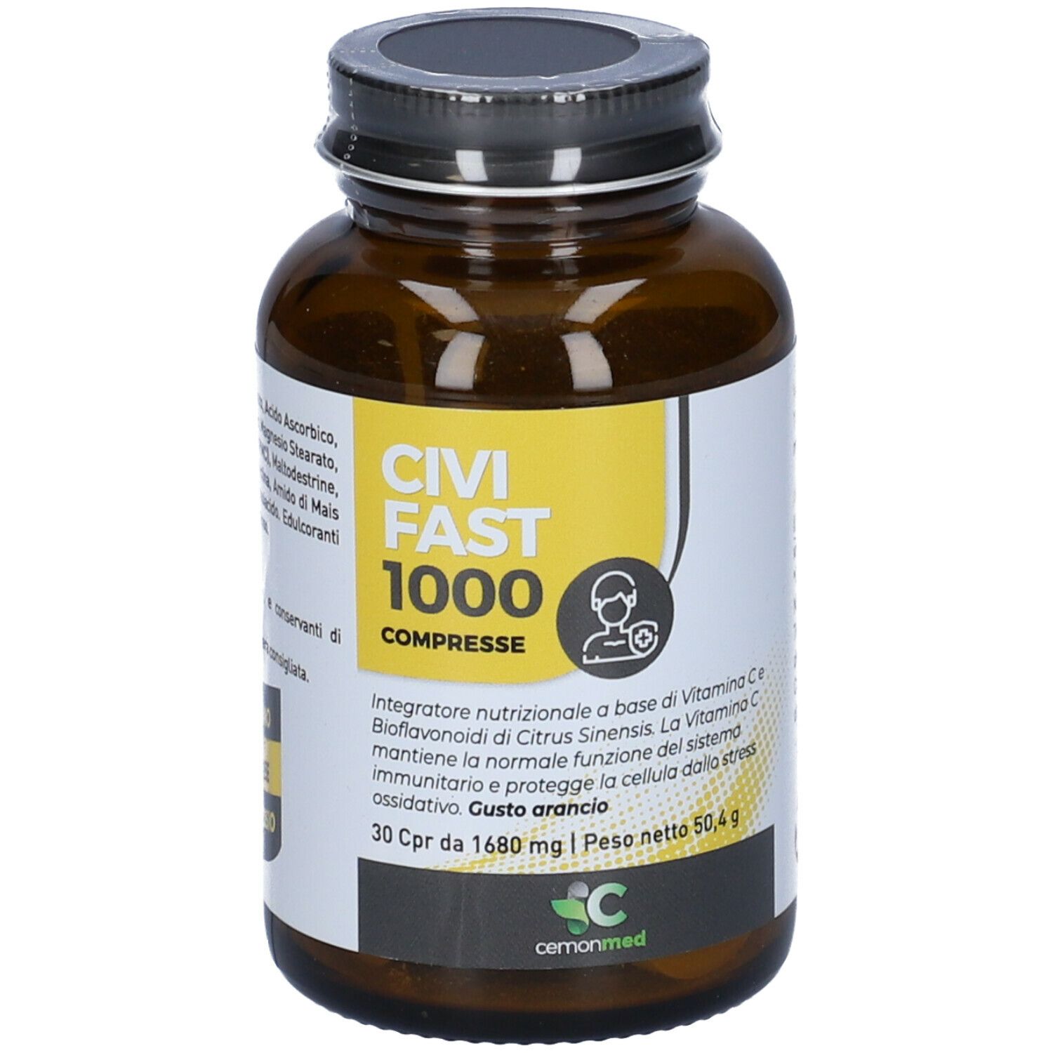 Flacone di vetro marrone con tappo nero. Etichetta gialla con testo: "CIVI FAST 1000 COMPRESSE".