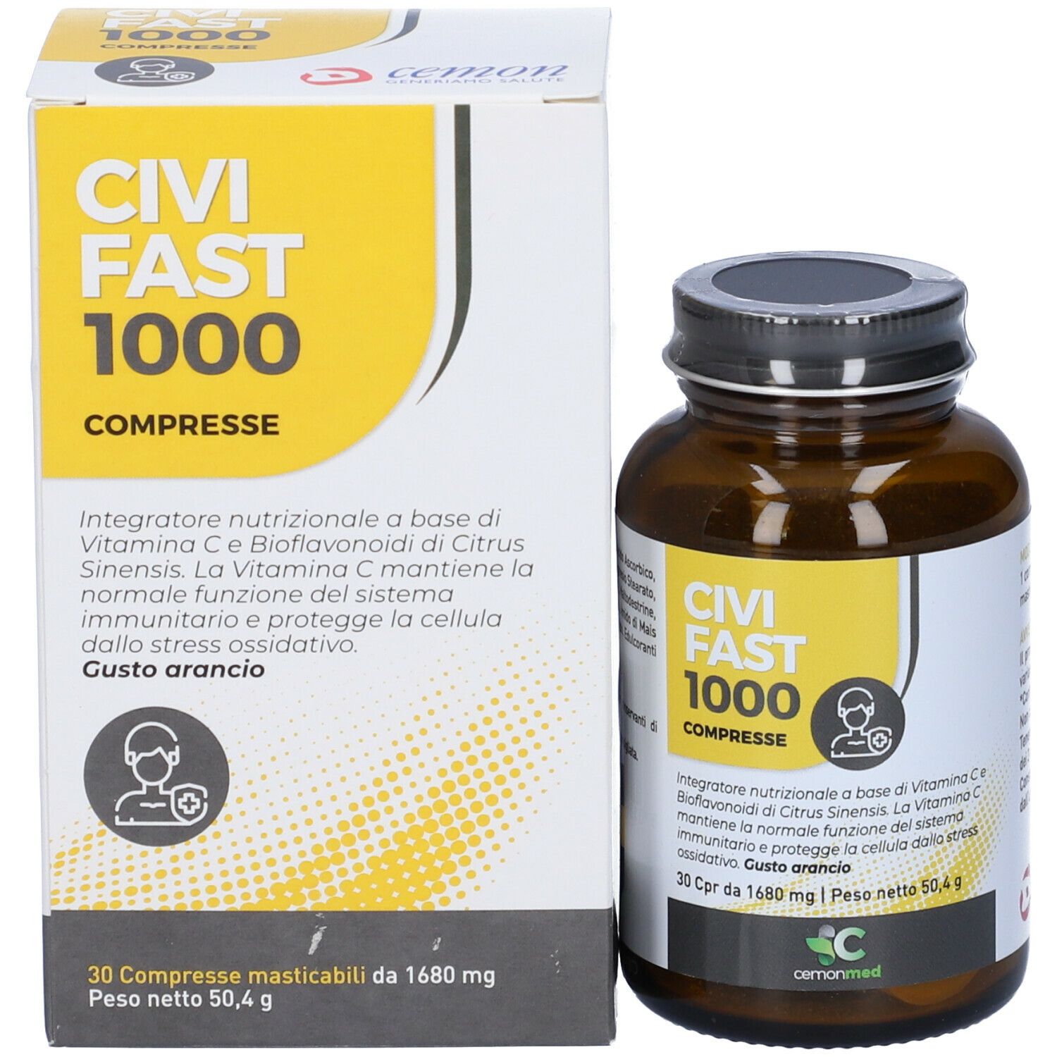 Flacone di vetro marrone e scatola. Scritta "CIVI FAST 1000 COMPRESSE".