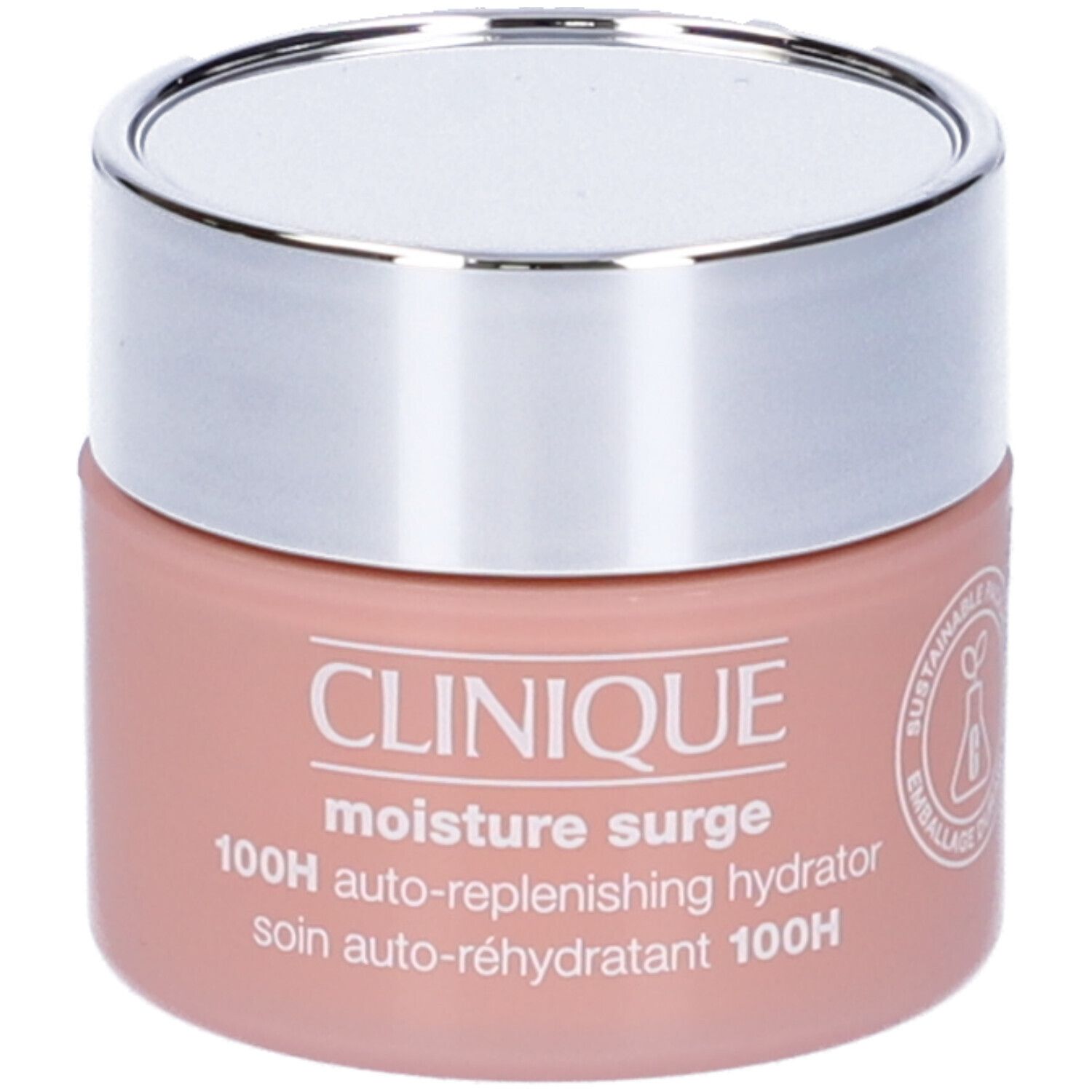 Vasetto rosa con coperchio argentato. Scritta CLINIQUE, moisture surge, 100H. Imballaggio sostenibile.