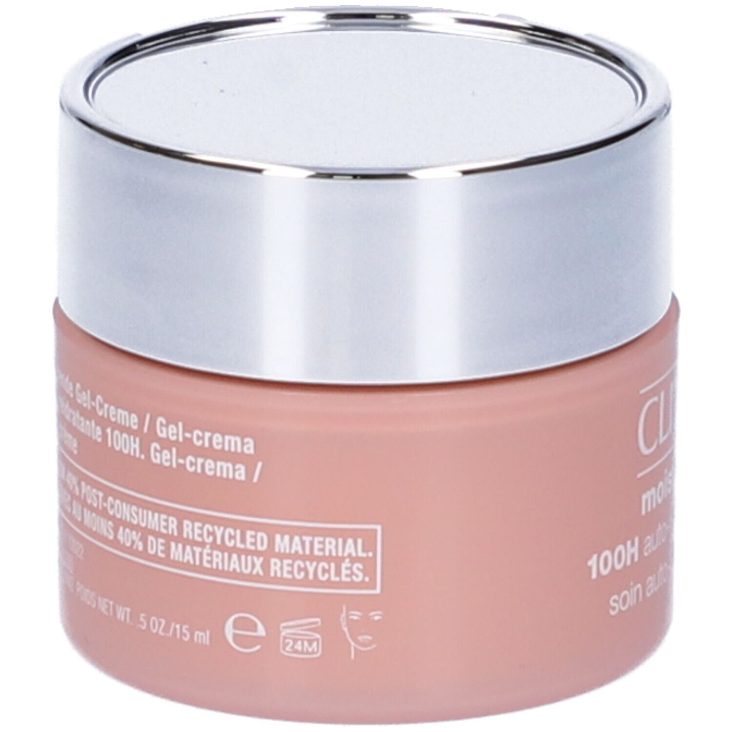 Vasetto rosa con coperchio argentato. Testo: Gel-Crema, 100H, materiale riciclato. Simbolo viso.
