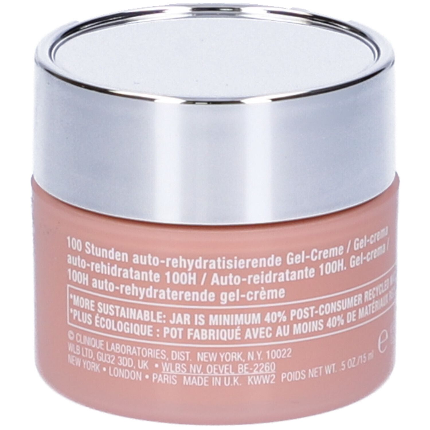 Vasetto rosa con coperchio argentato. Testo: 100 ore, Gel-Crema, materiale riciclato. Informazioni produttore.