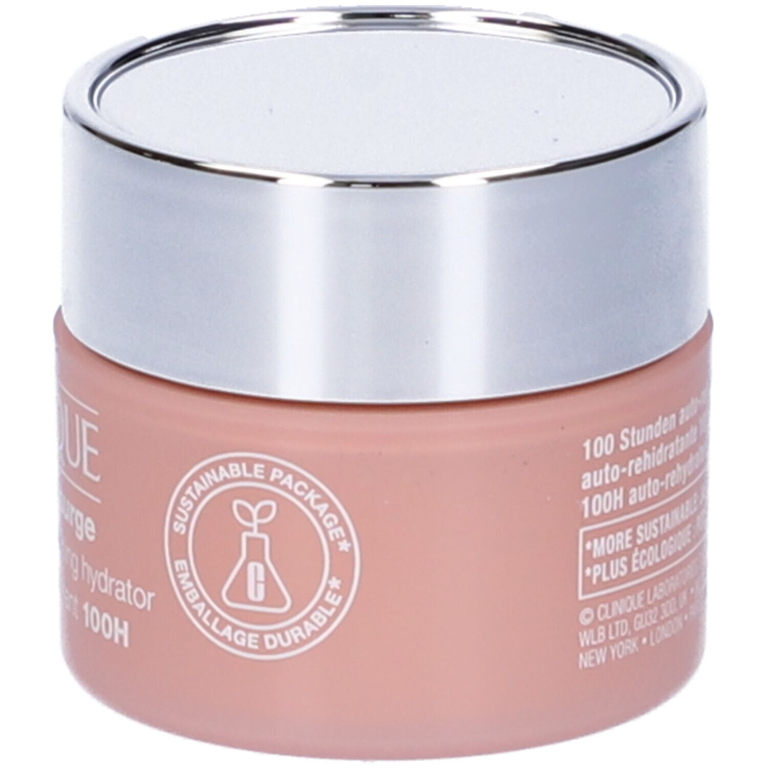 Vasetto rosa con coperchio argentato. Testo: CLINIQUE, moisture surge, 100H. Imballaggio sostenibile.