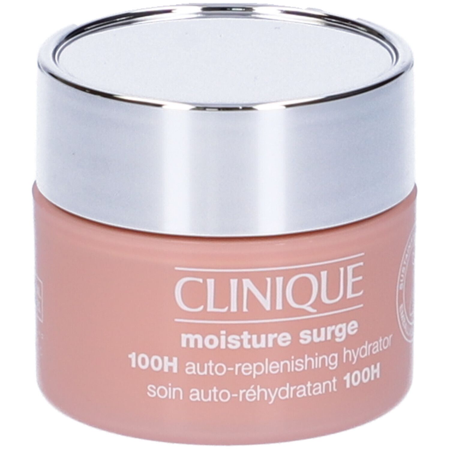Vasetto rosa con coperchio argentato. Testo: CLINIQUE, moisture surge, 100H. Imballaggio sostenibile.
