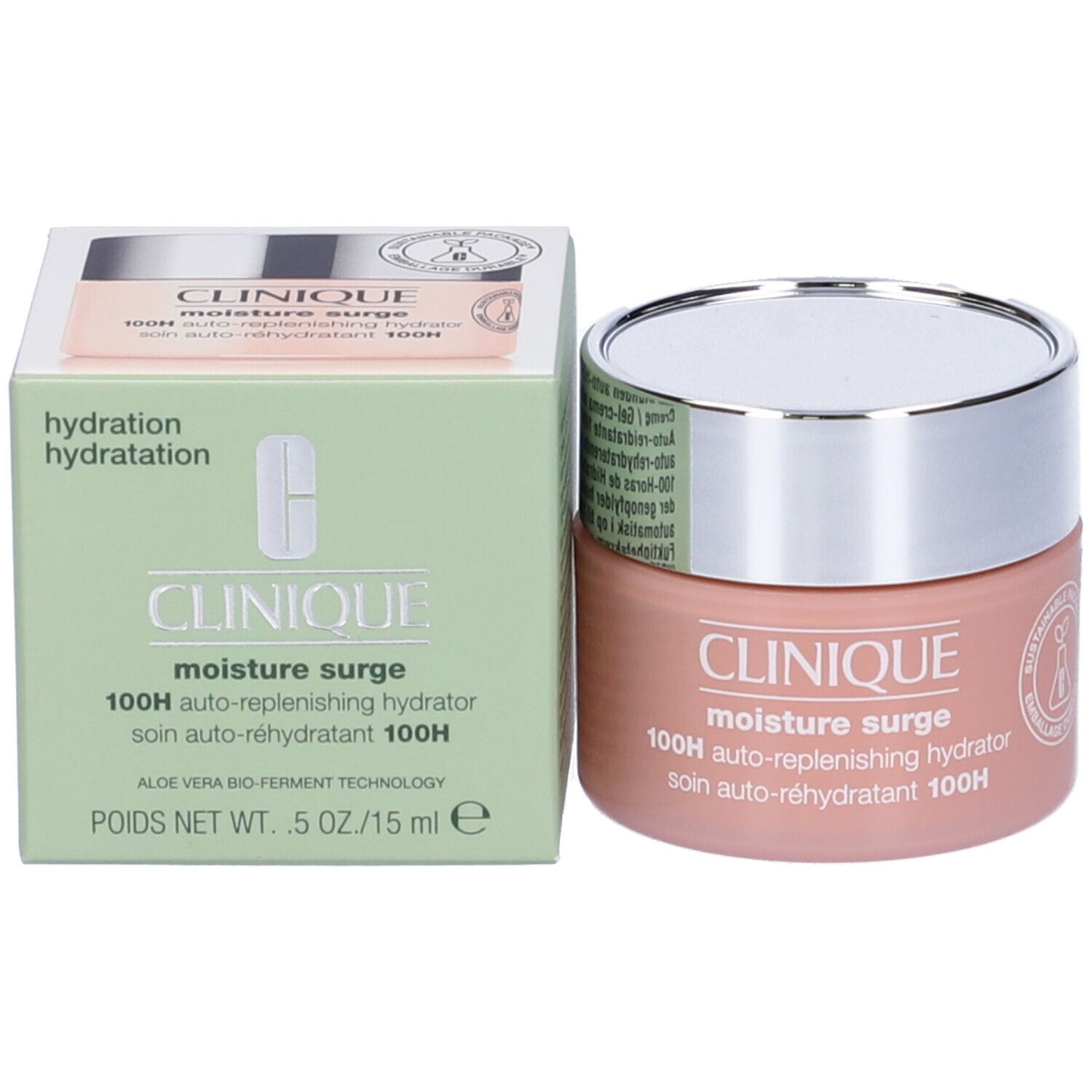 Prodotto e confezione. Vasetto rosa, scatola verde. Testo: CLINIQUE, moisture surge, 100H.