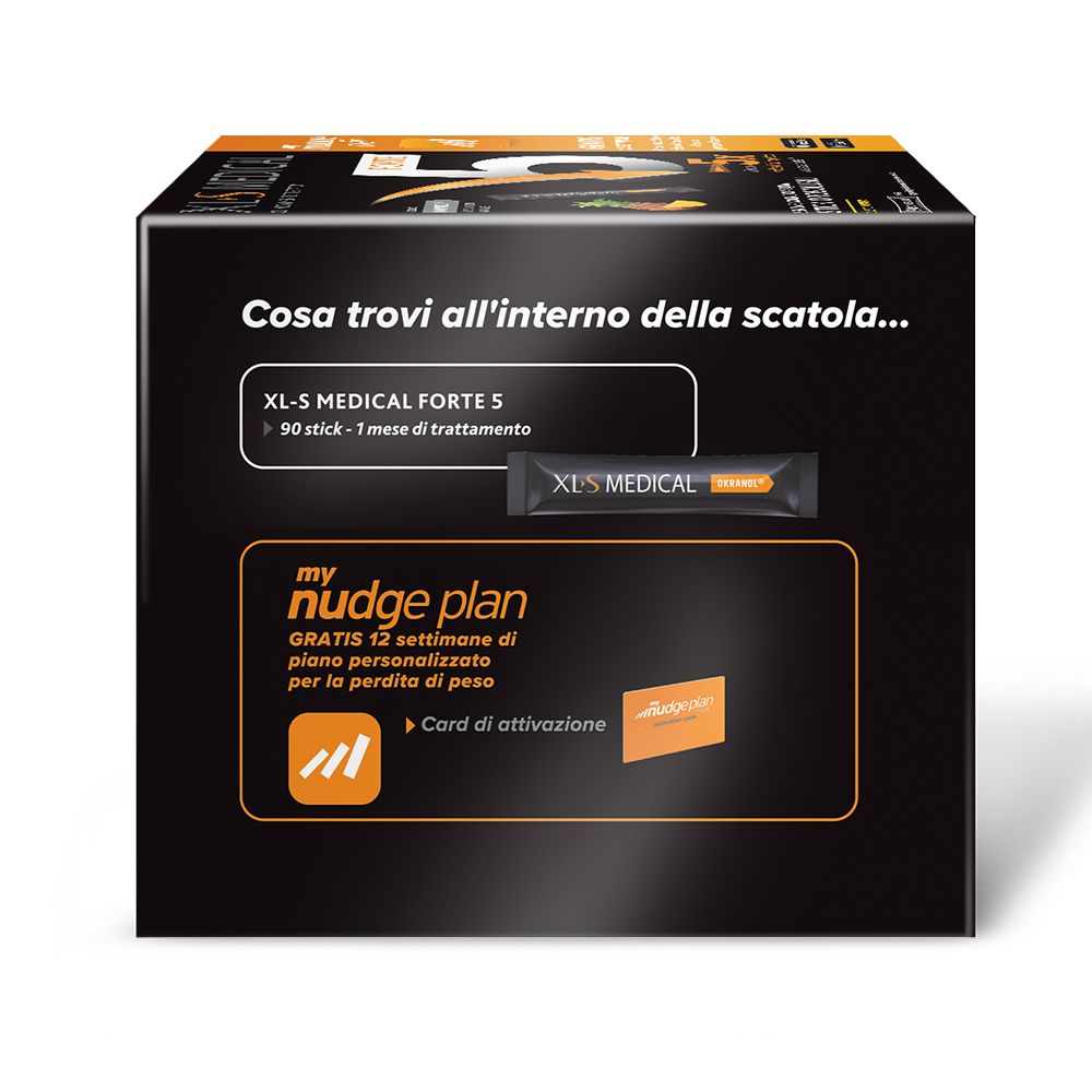 Scatola XL-S MEDICAL FORTE 5. Contiene 90 stick per un mese di trattamento. Include codice attivazione per piano personalizzato.