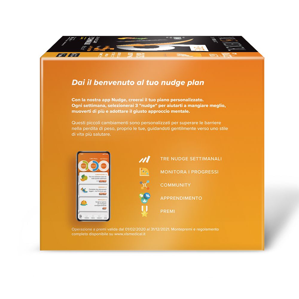 Retro scatola XL-S MEDICAL FORTE 5. Informazioni sul piano Nudge, con dettagli app e vantaggi. Contiene informazioni sull'uso.