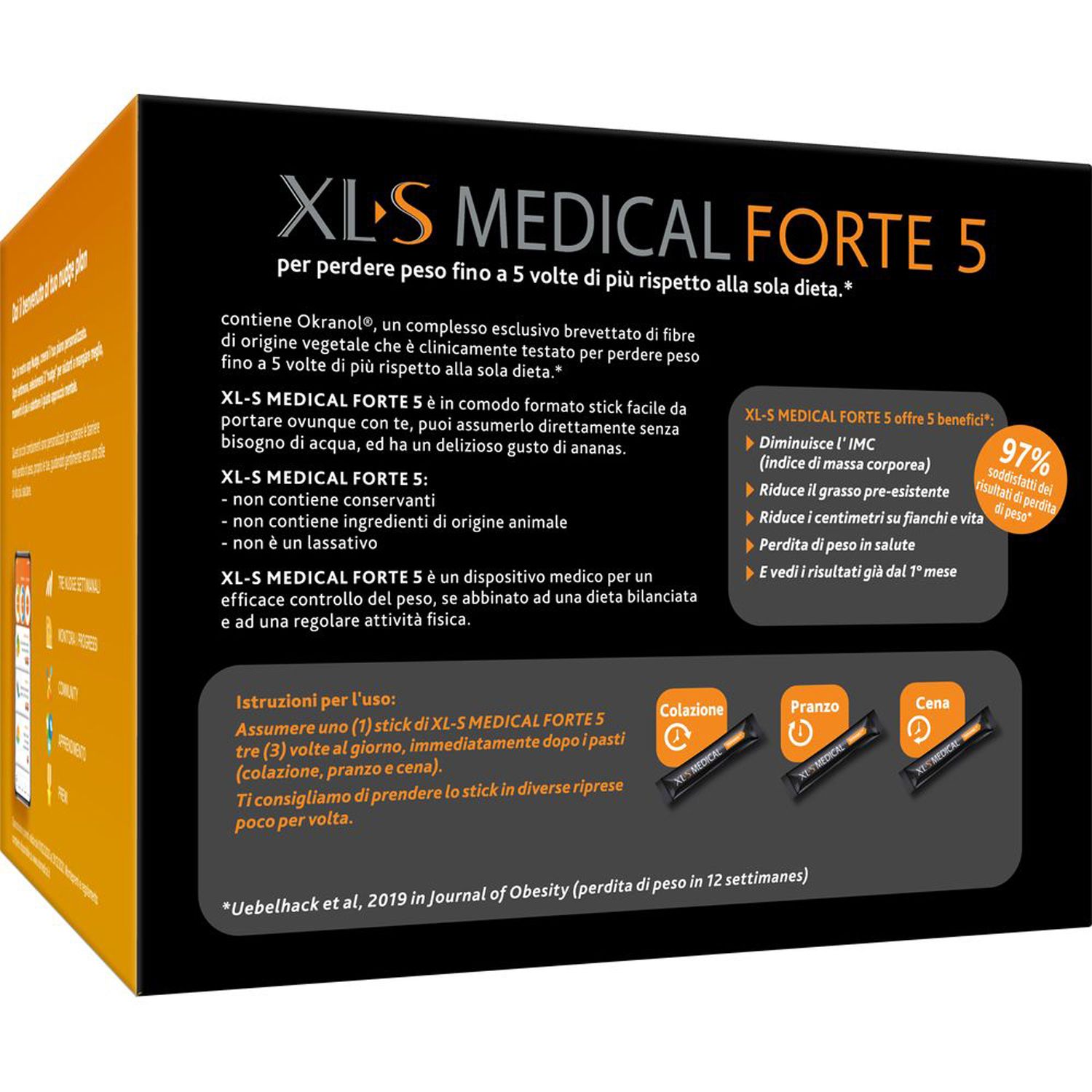 Scatola XL-S MEDICAL FORTE 5. Contiene informazioni su ingredienti, uso e benefici. Efficacia al 97%.