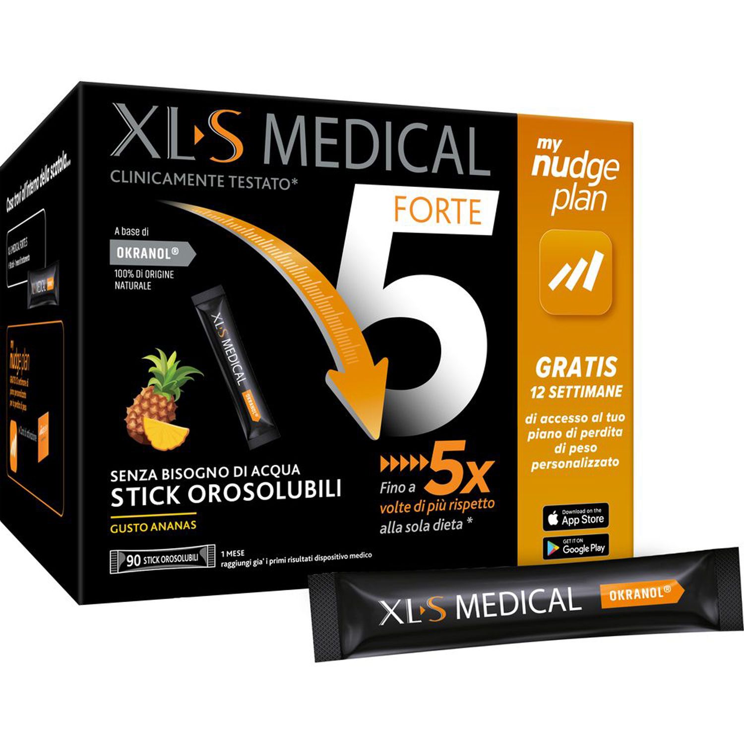Scatola XL-S MEDICAL FORTE 5. Contiene 90 stick, gusto ananas. Clinicamente testato. Con informazioni sul piano Nudge.