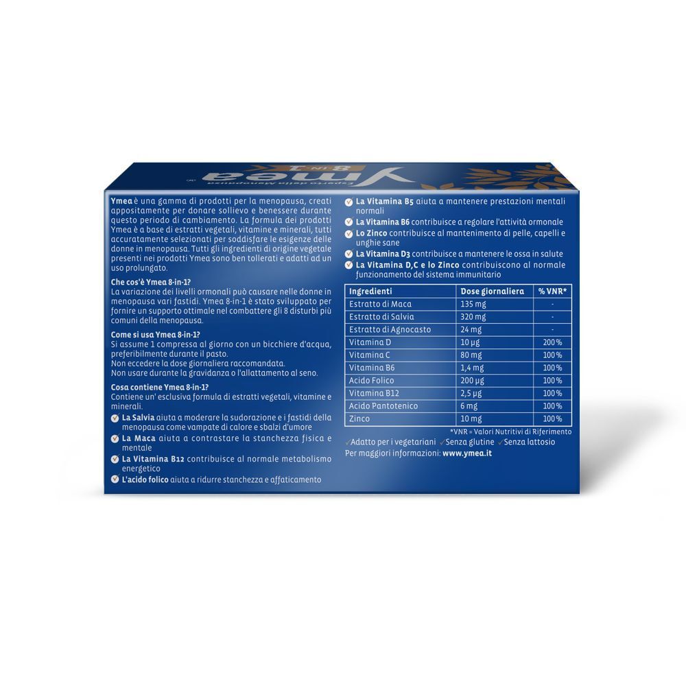 Retro della confezione Ymea 8-in-1. Contiene informazioni sugli ingredienti e l'uso. Colore blu.