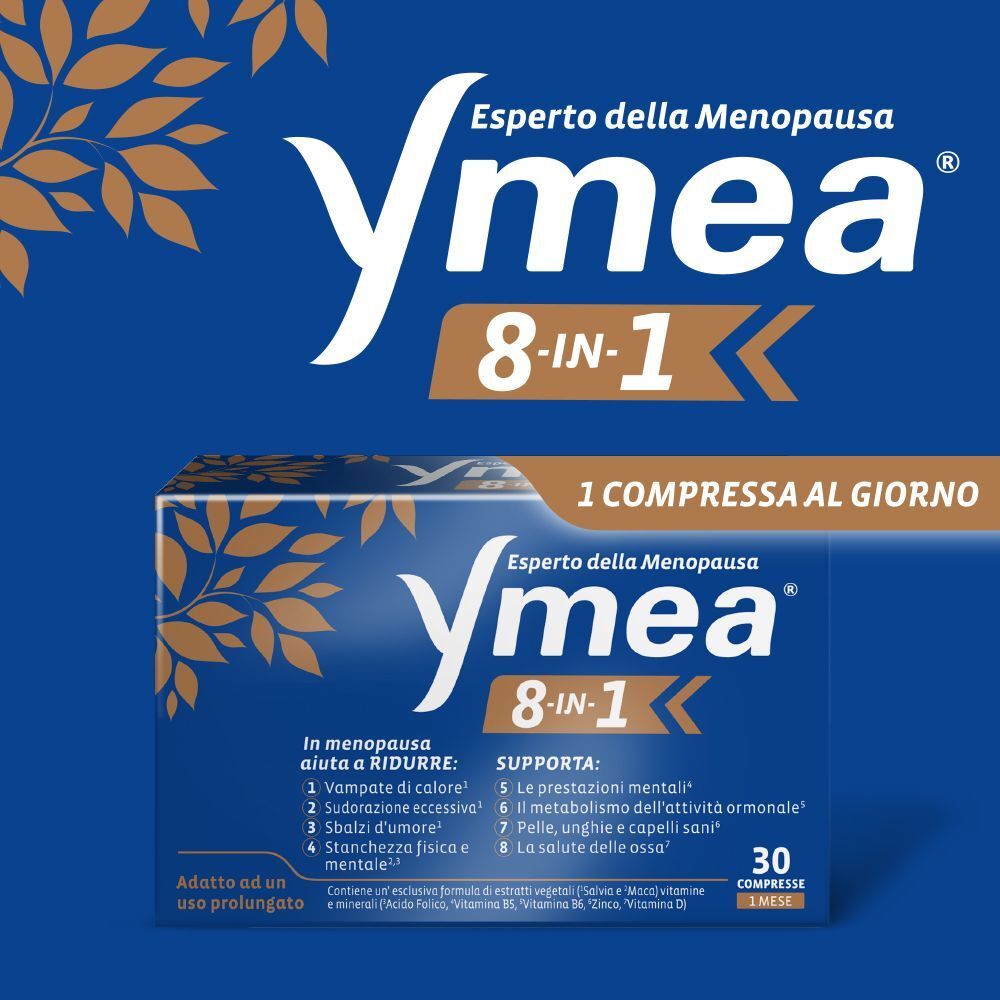 Confezione Ymea 8-in-1 su sfondo blu. Testo: 'Esperto della Menopausa'. 30 compresse. Aiuta con vampate di calore.