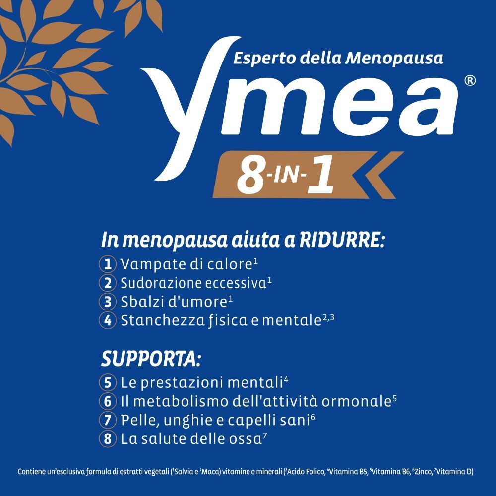 Testo su sfondo blu. Elenca i benefici di Ymea 8-in-1: vampate di calore, sudorazione eccessiva, ecc.